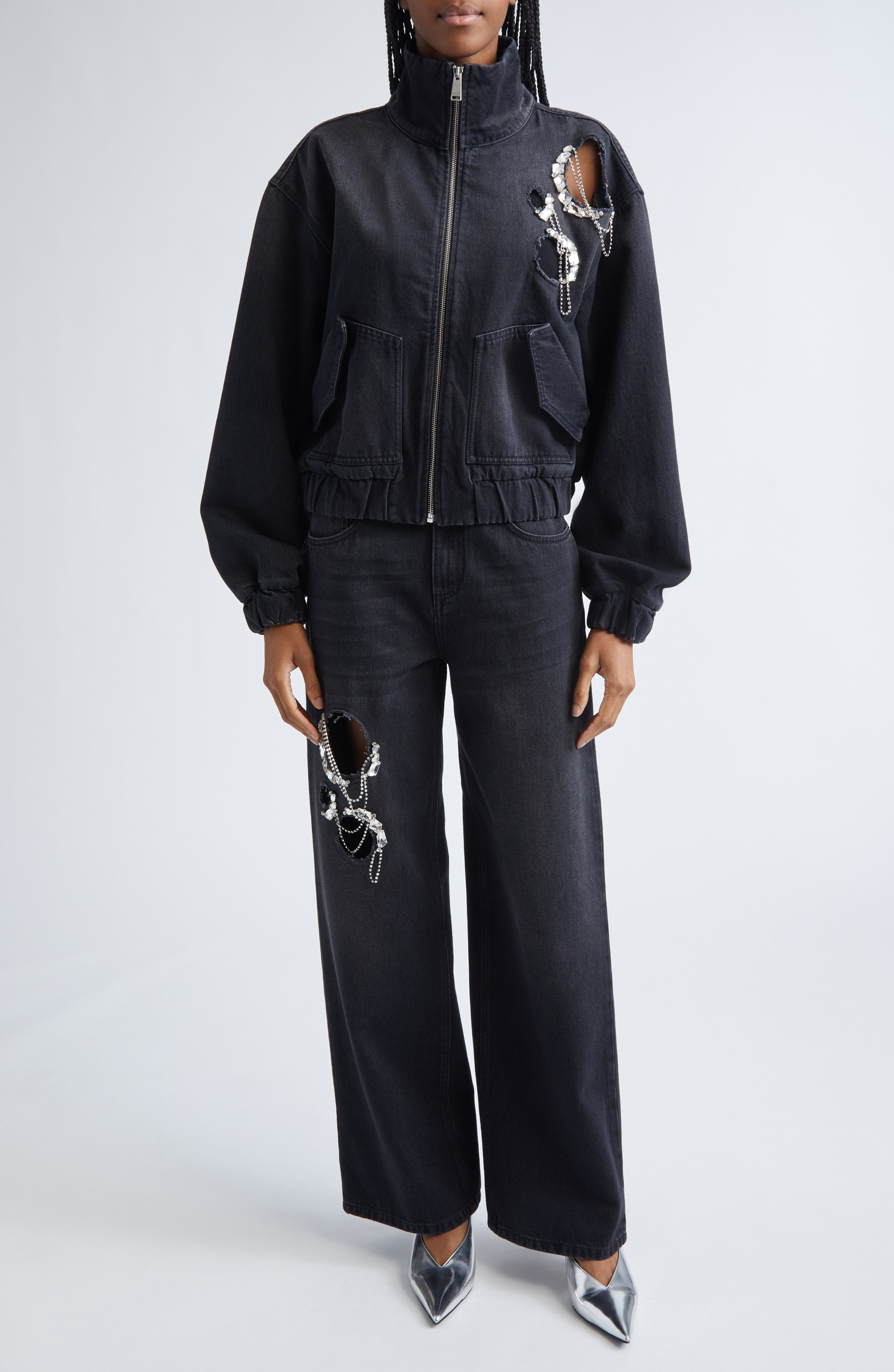 Area Crystal Chain Cutout Relaxed Jeans in Washed Black at Nordstrom - 7