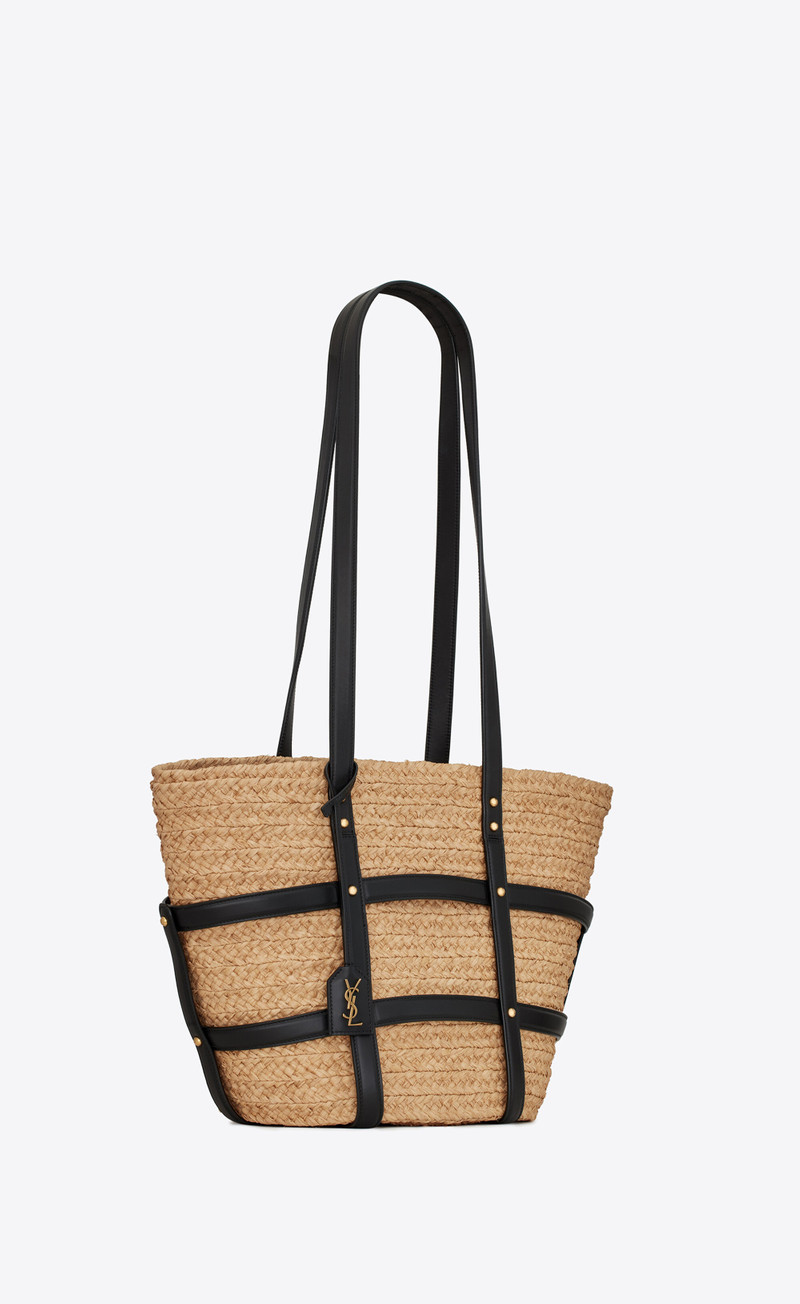 panier medium bag in natural raffia and smooth leather 4