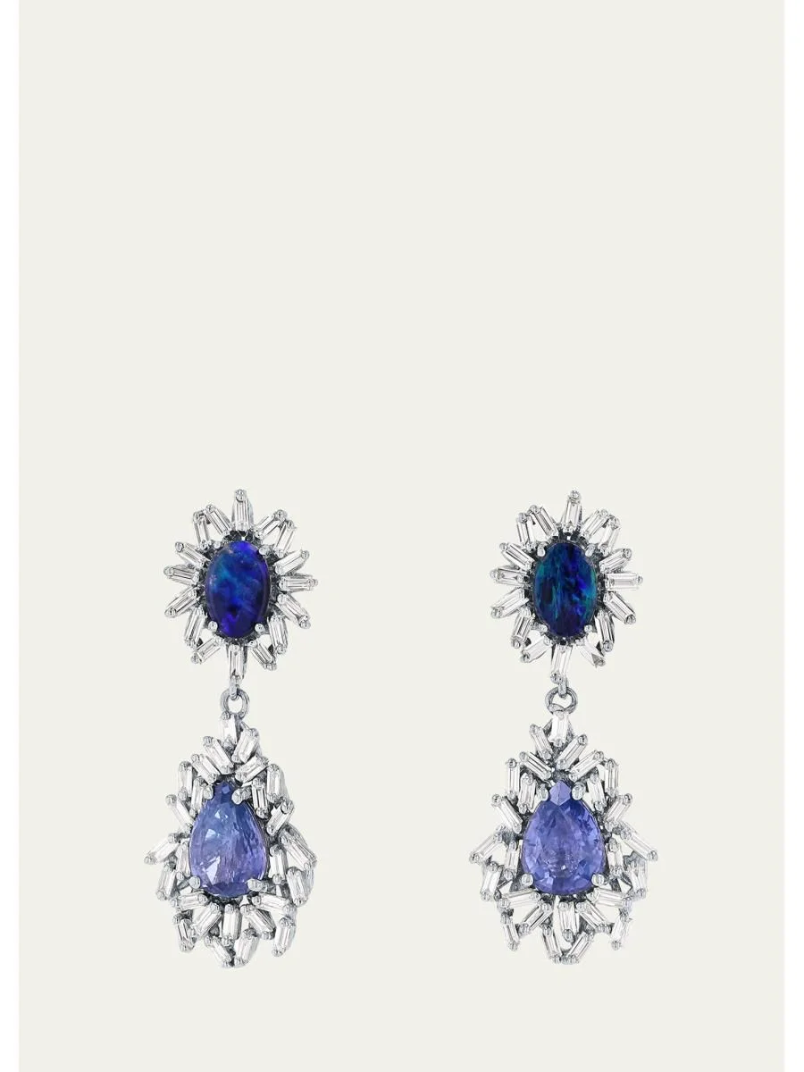 18K White Gold One Of A Kind Diamond Baguette Drop Earrings with Opals and Blue Sapphires - 1