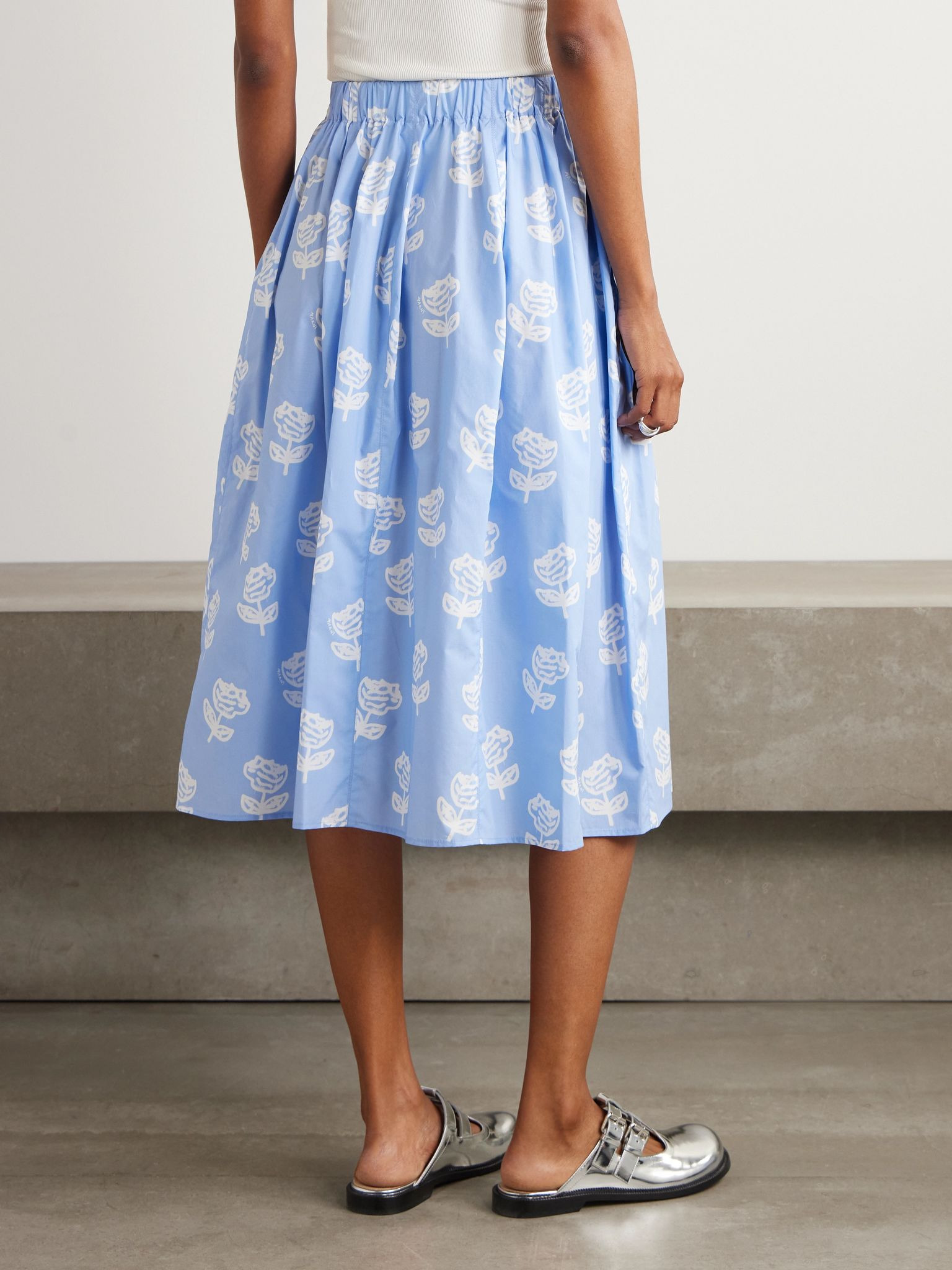 Pleated floral-print cotton-poplin midi skirt Light blue - 4