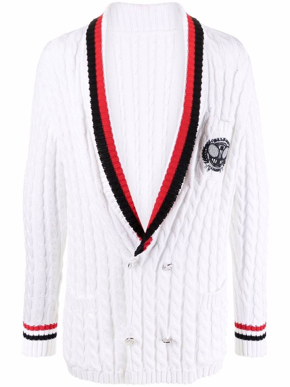 logo-embroidered cable knit cardigan - 1