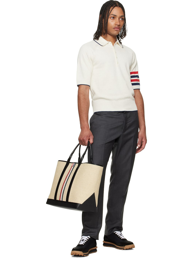 Thom Browne White Linen Cotton 4-Bar Relaxed Fit Polo outlook