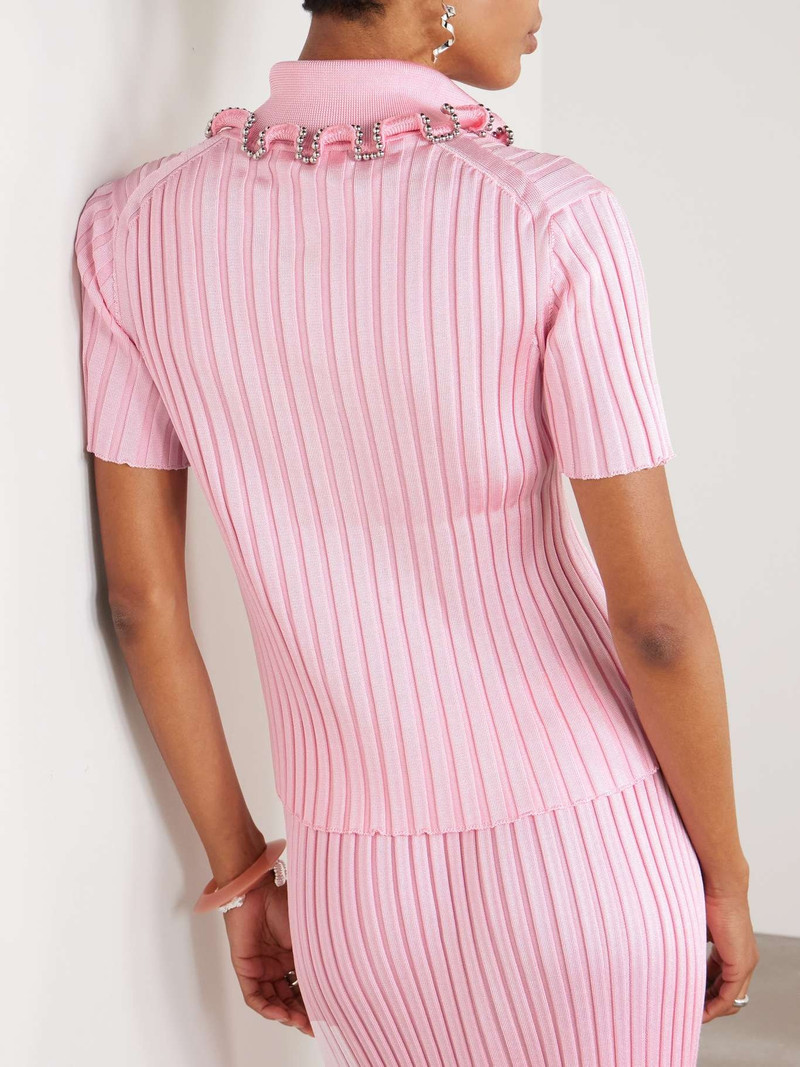 Bead-embellished ribbed-knit polo shirt Pink 3