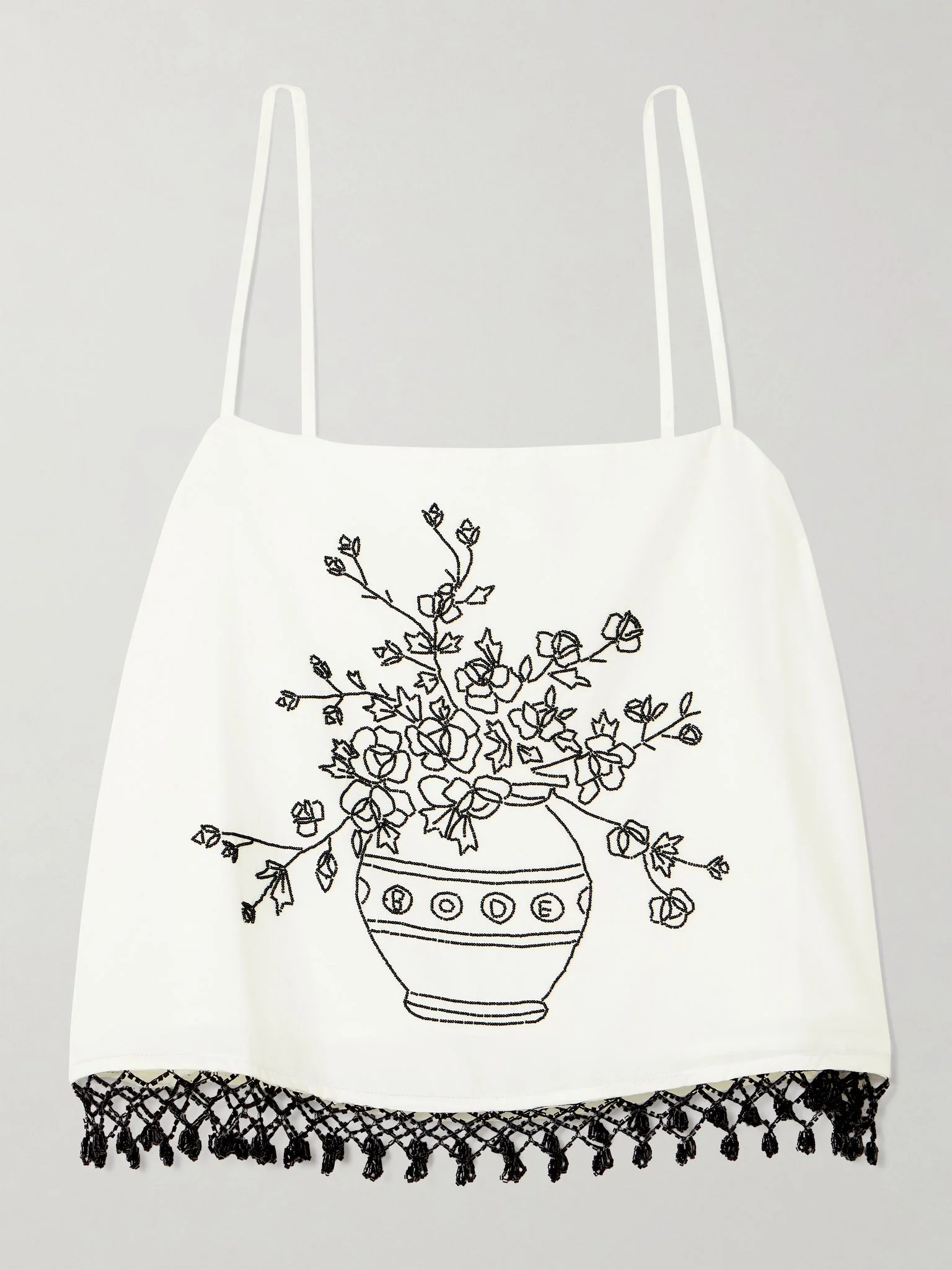 Rosebloom cropped bead-embellished fringed cotton and silk-blend top White - 1