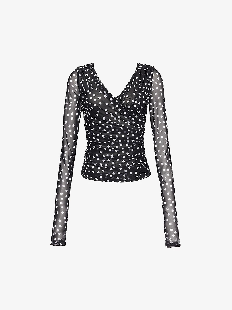 Polka dot-print off-the-shoulder stretch-woven top - 1