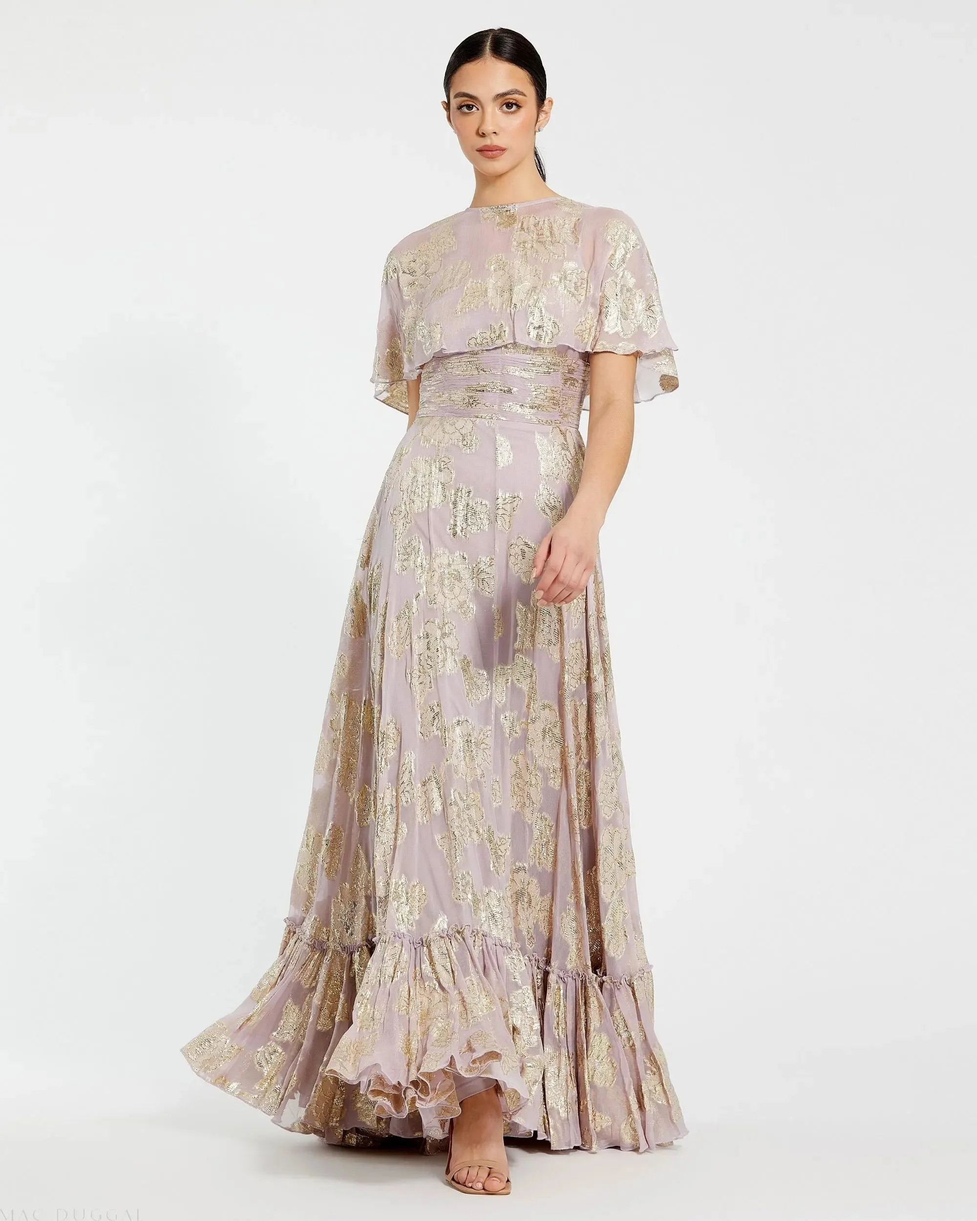Purple Cape Sleeve A Line Floral Chiffon Gown - 1