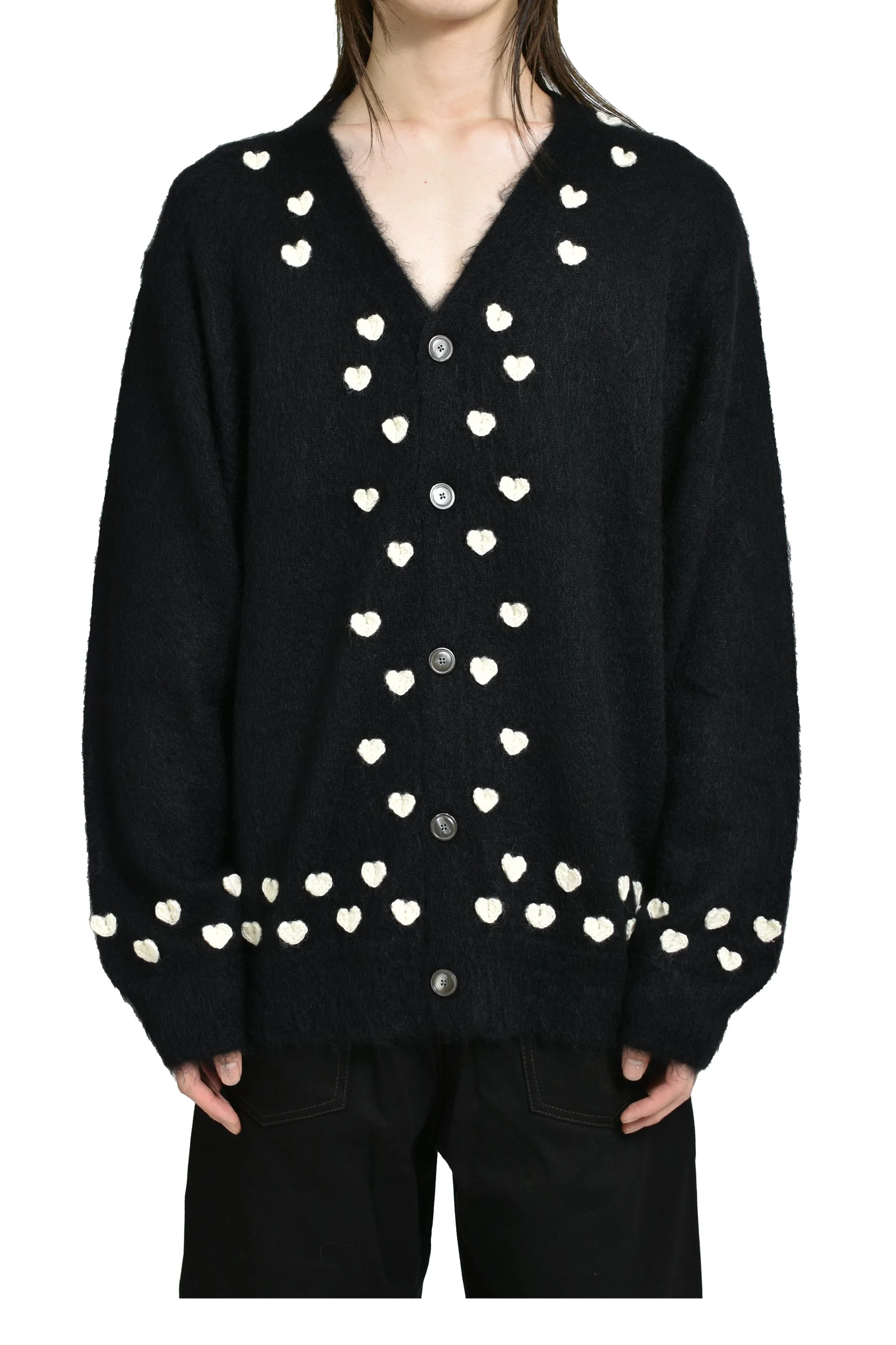 HEART ATTACHED MOHAIR CARDIGAN / BLK - 1