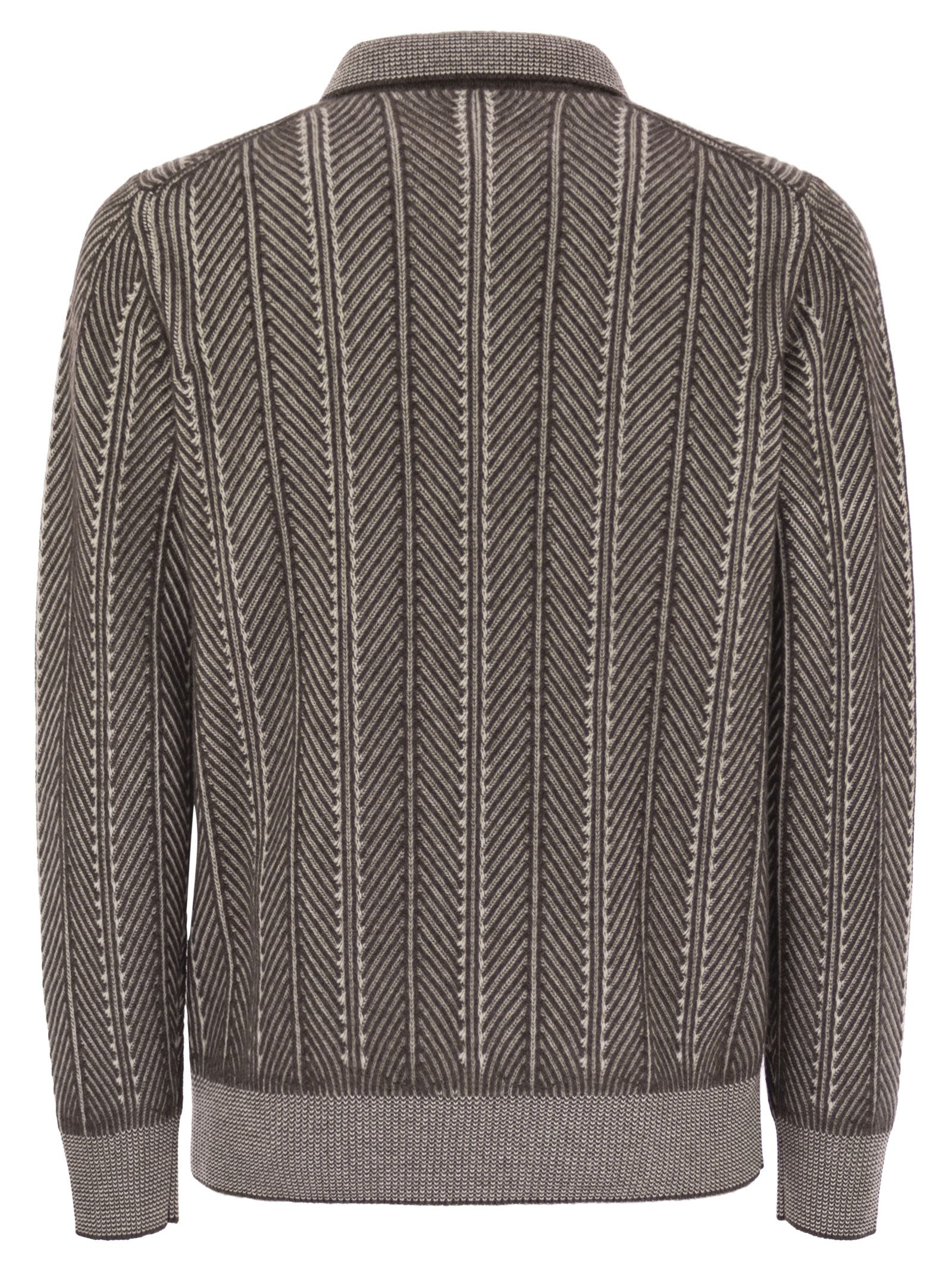 Brunello Cucinelli Men Vanisé Chevron Cashmere Sweater With Polo Neck And Zip Opening - 2