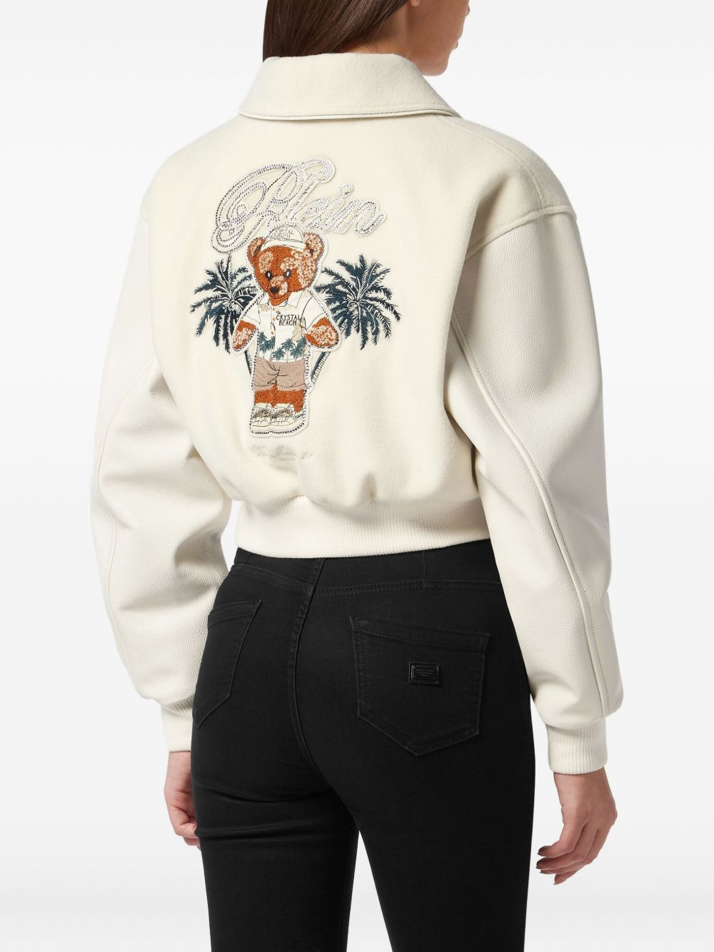 teddy-embellished leather bomber jacket - 3