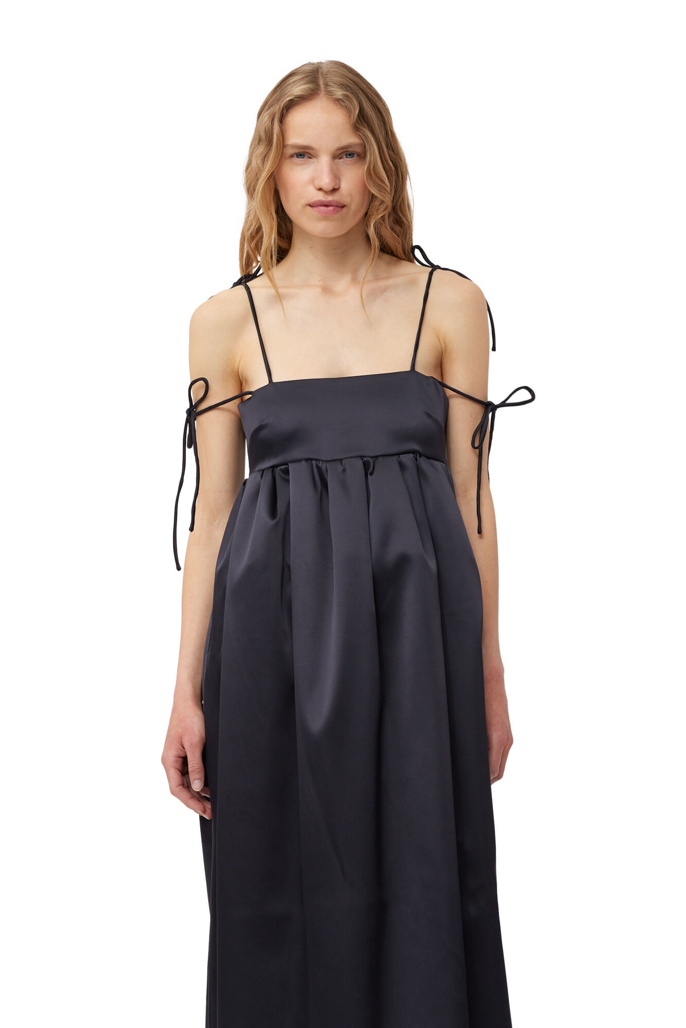 BLACK DOUBLE SATIN STRING LONG DRESS - 5