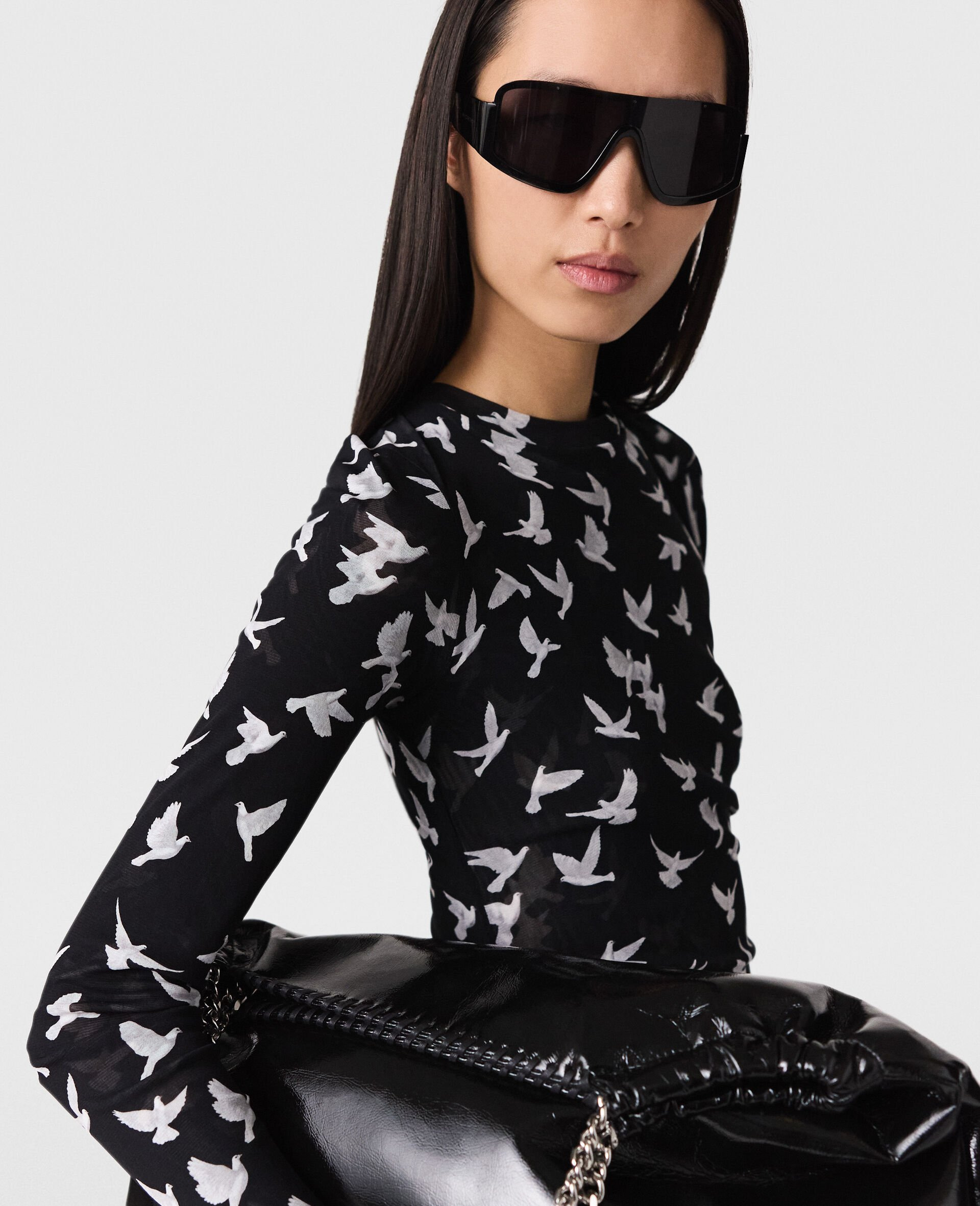 Dove Print Mesh Long-Sleeve Dress - 4