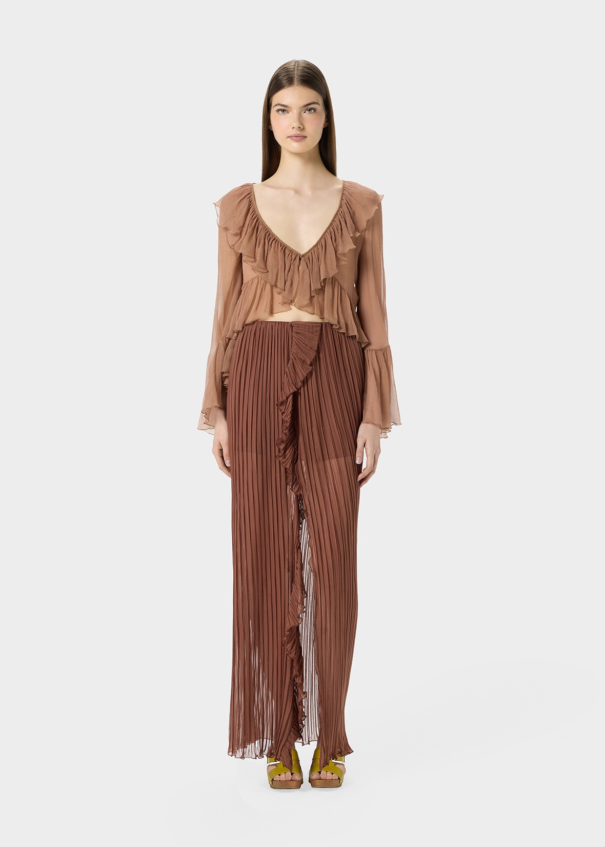PLEATED SKIRT IN SILK CHIFFON WITH RUFFLES - 1