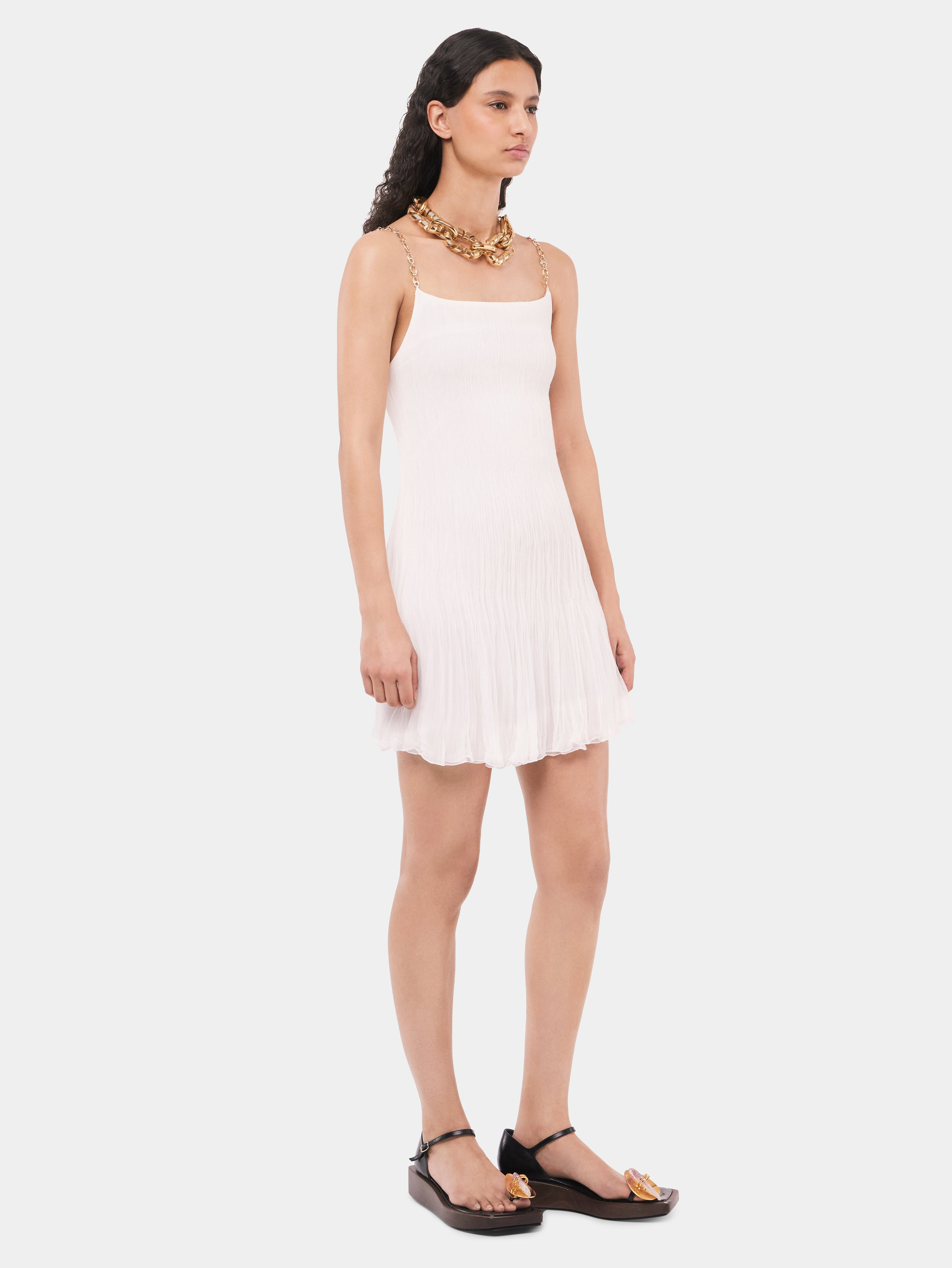 SHORT WHITE PLEATED CHIFFON DRESS - 3