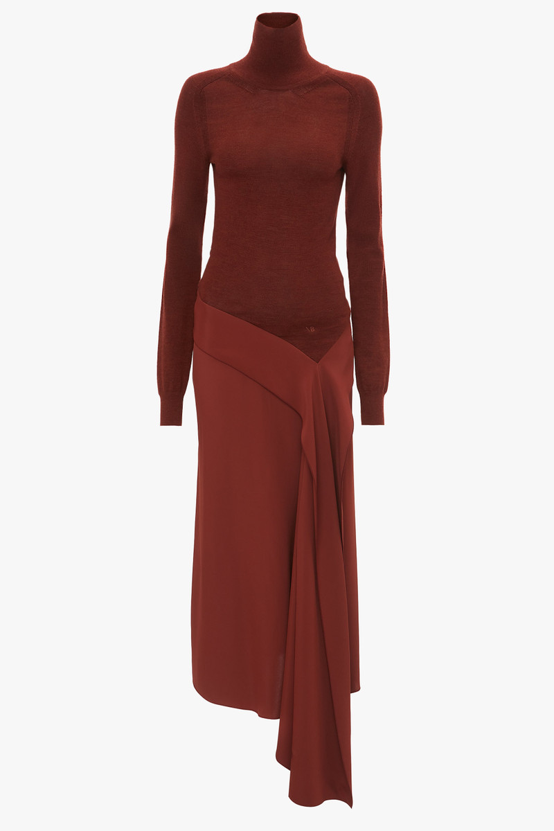 High Neck Tie Detail Dress In Russet 1