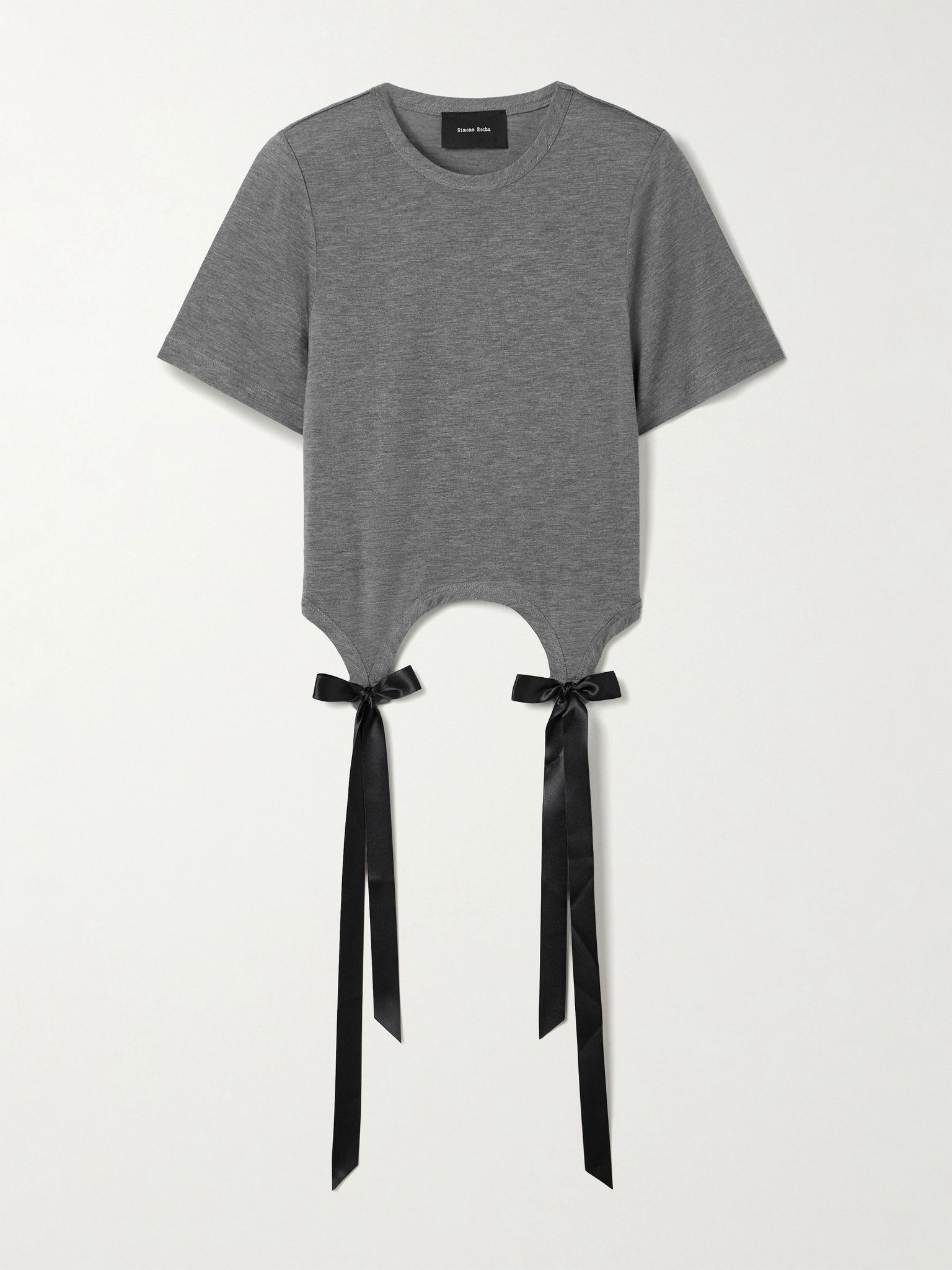 Bow-embellished satin-trimmed Lyocell-jersey T-shirt Gray - 1