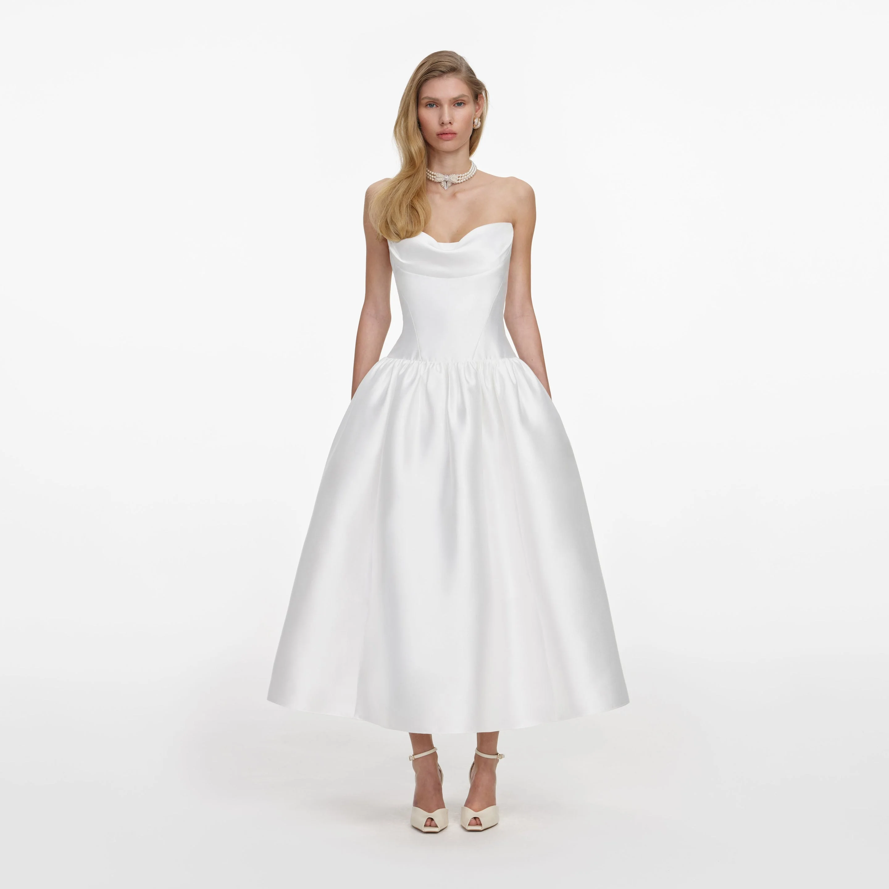 White Taffeta Strapless Midi Dress - 1