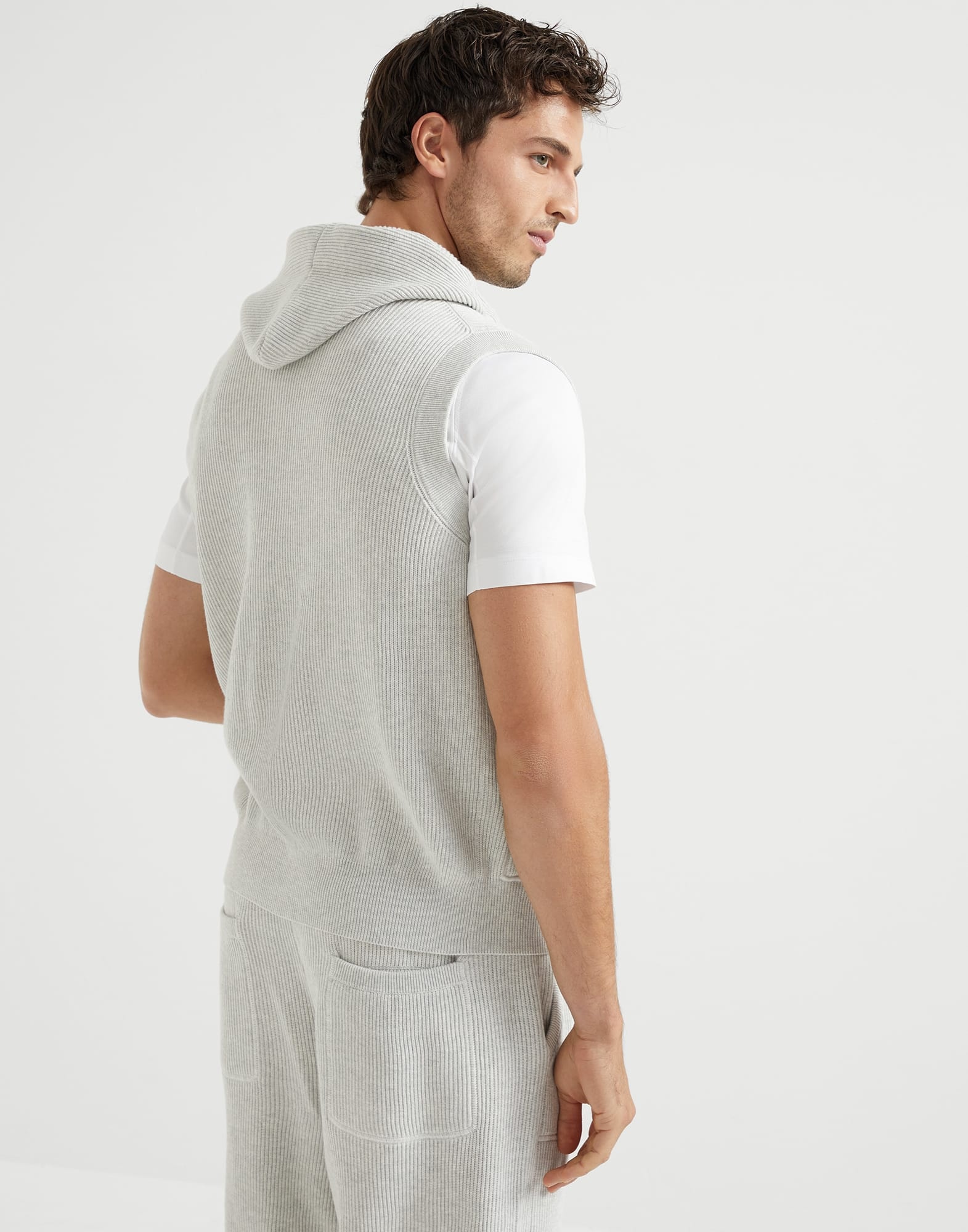 Brunello Cucinelli Cotton English rib knit hooded vest with