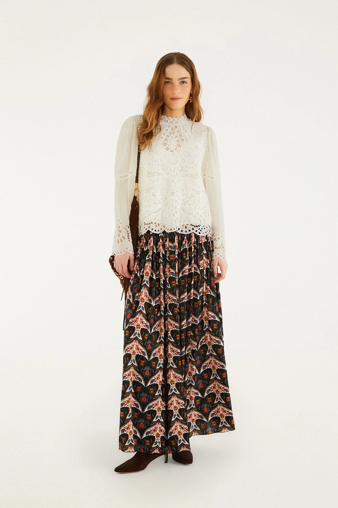 Black Porcelain Birds Pleats Maxi Skirt - 1