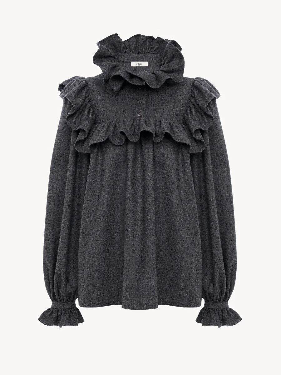 HIGH-NECK RUFFLE TOP IN WOOL & CASHMERE FLANNEL - 1