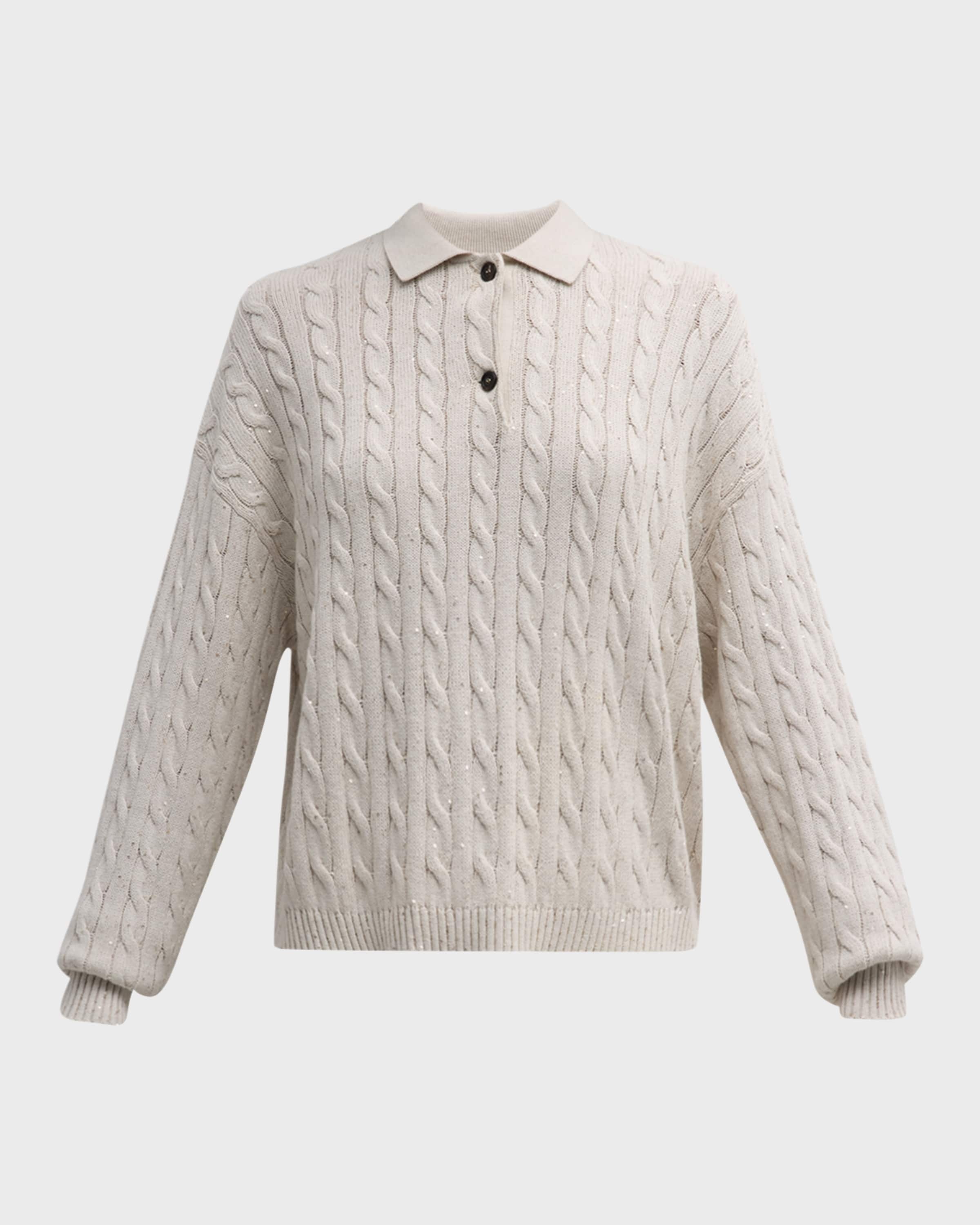 Cotton Diamante Cable Knit Polo Sweater - 1