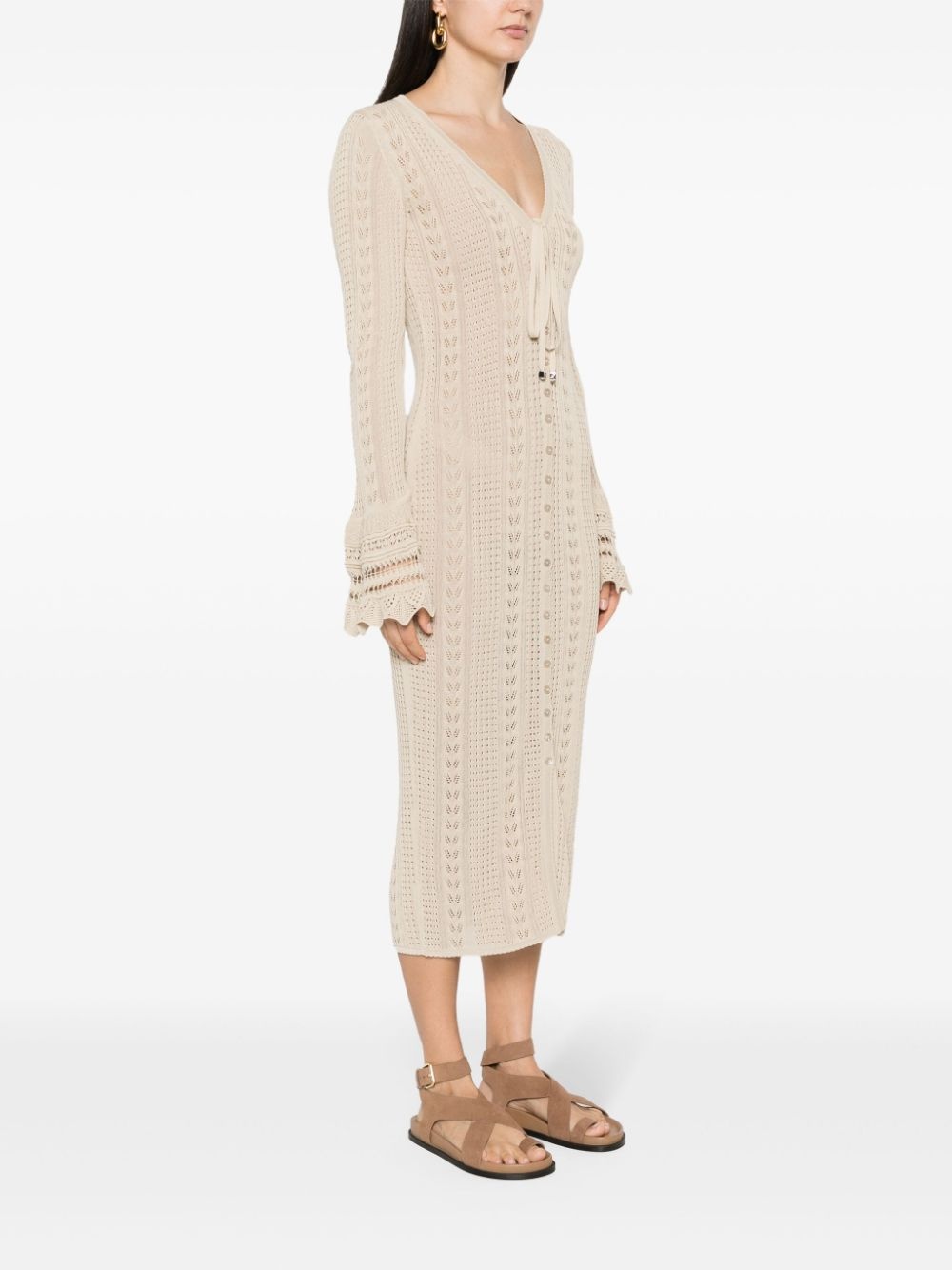 pointelle-knit V-neck midi dress - 3
