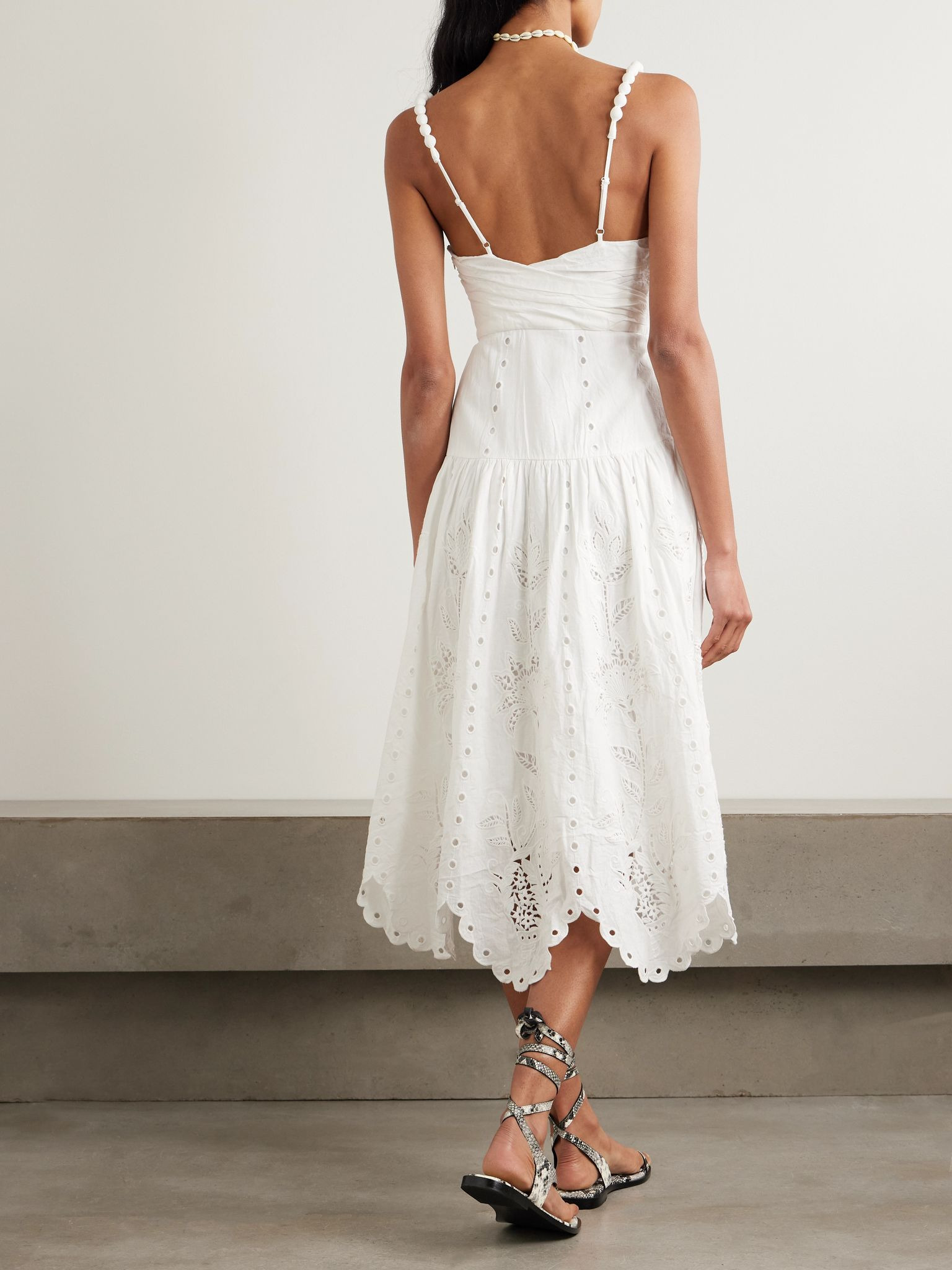 Richelieu scalloped gathered broderie anglaise linen-blend midi dress Off-white - 3