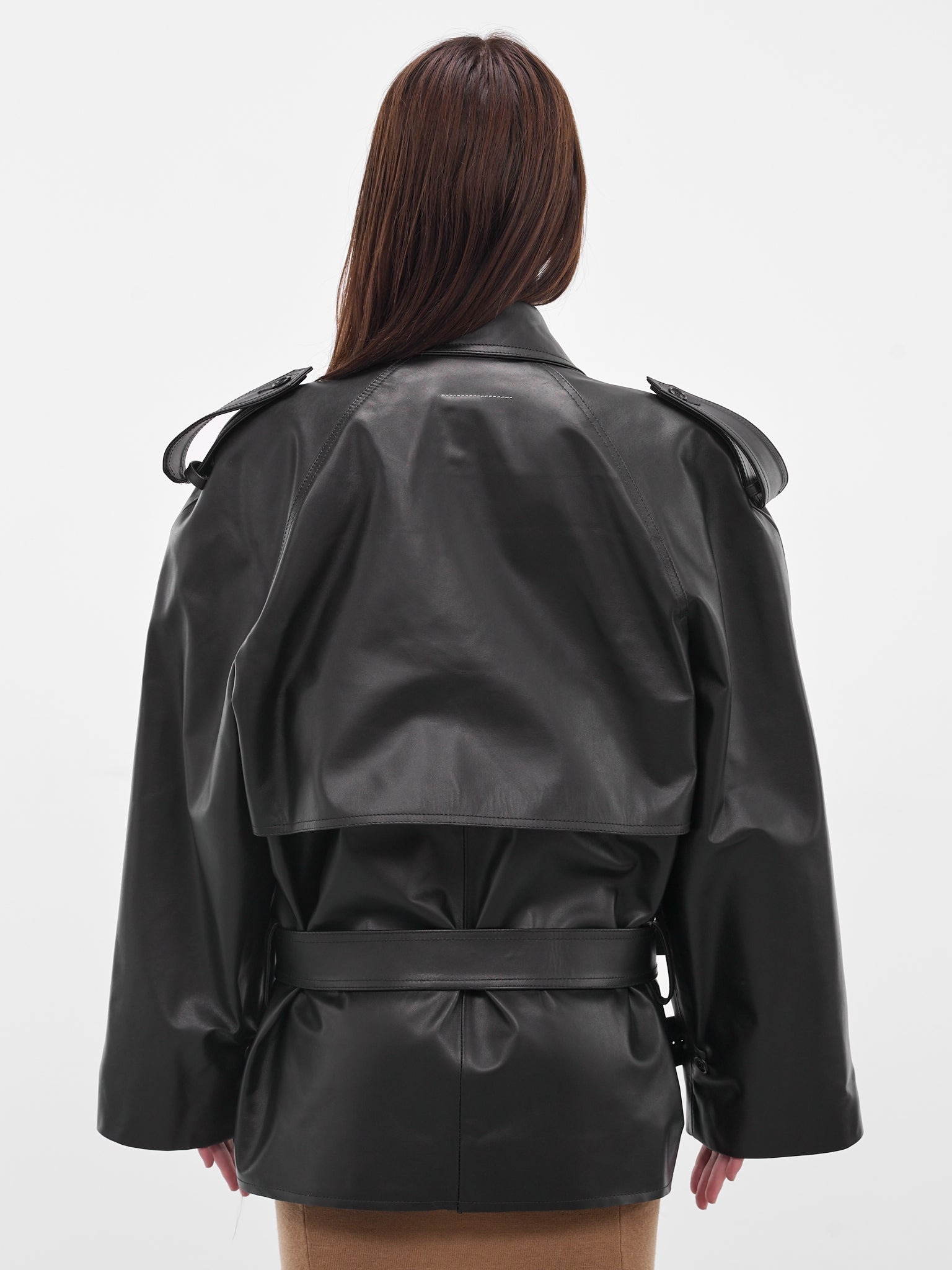 Black Leather Cropped Trench Jacket - 3