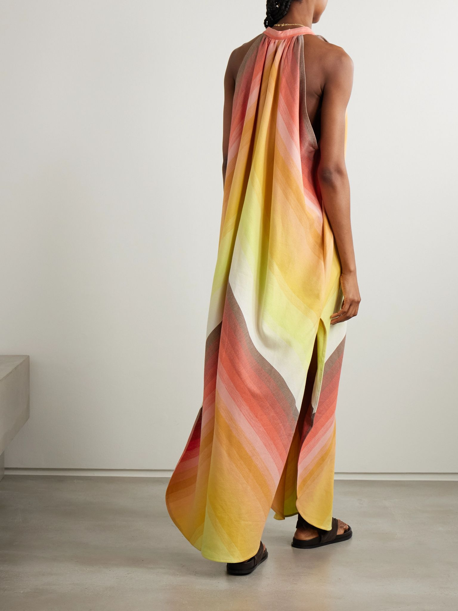 Striped gathered cotton maxi dress Yellow - 3