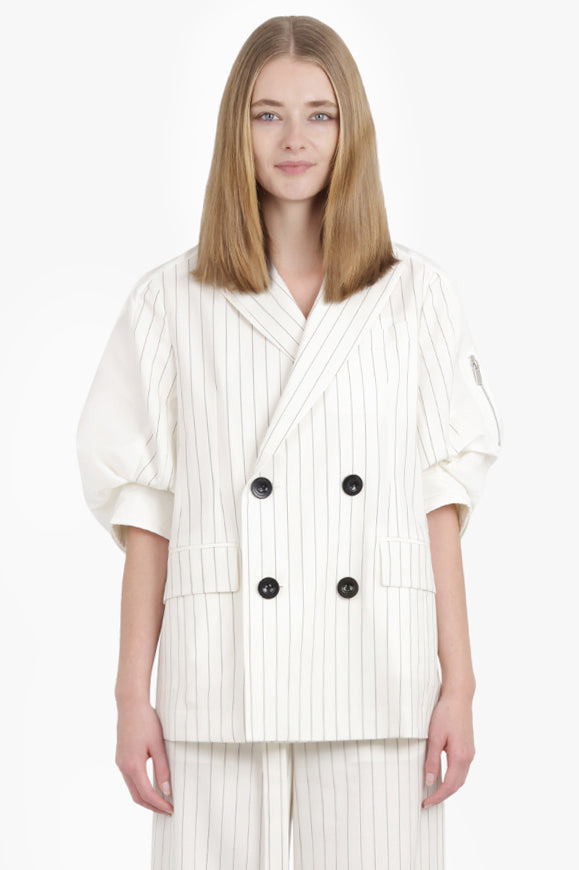 CONTRAST BALLOON S/S DOUBLE BREASTED STRIPE JACKET | OFF WHITE/BLACK - 3
