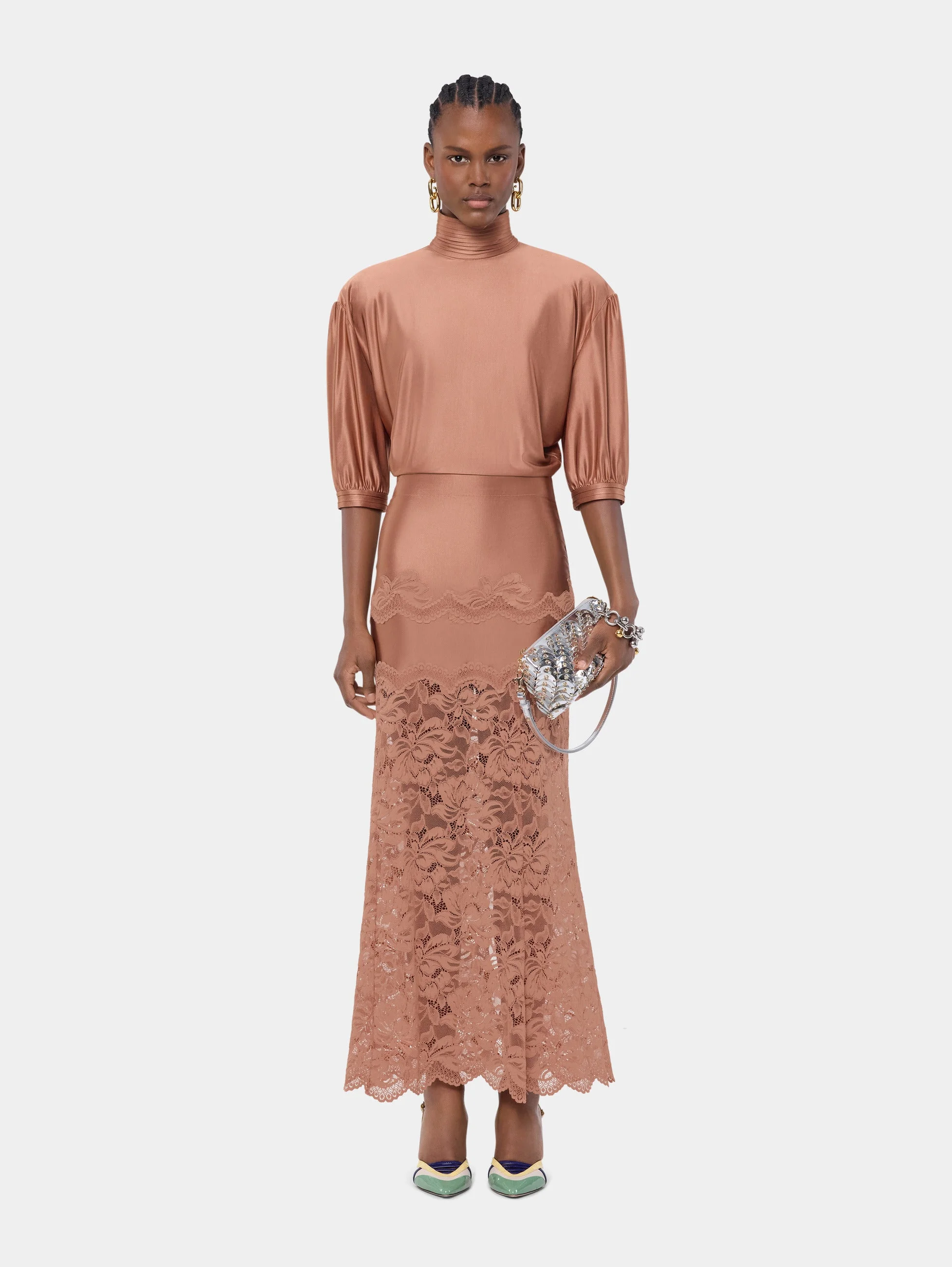 STRUCTURED CAMEL JERSEY TOP WITH RUCHED DETAILS - 1