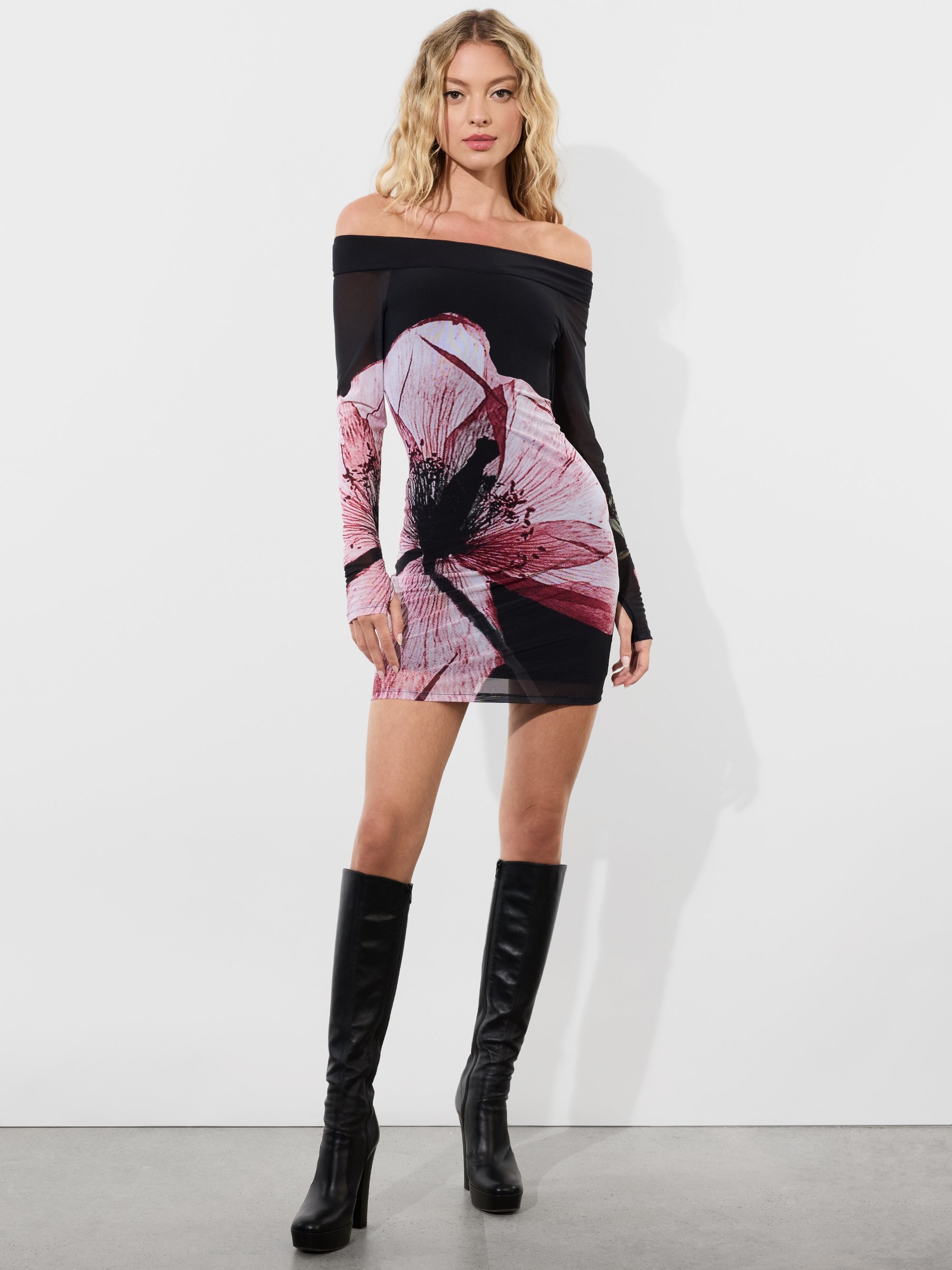 DORINDA OFF THE SHOULDER MINI DRESS WITH THUMBHOLES - 6
