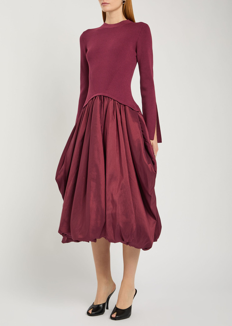 SIMKHAI Simkhai Kenlie Gathered Knit and Taffeta Midi Dress outlook