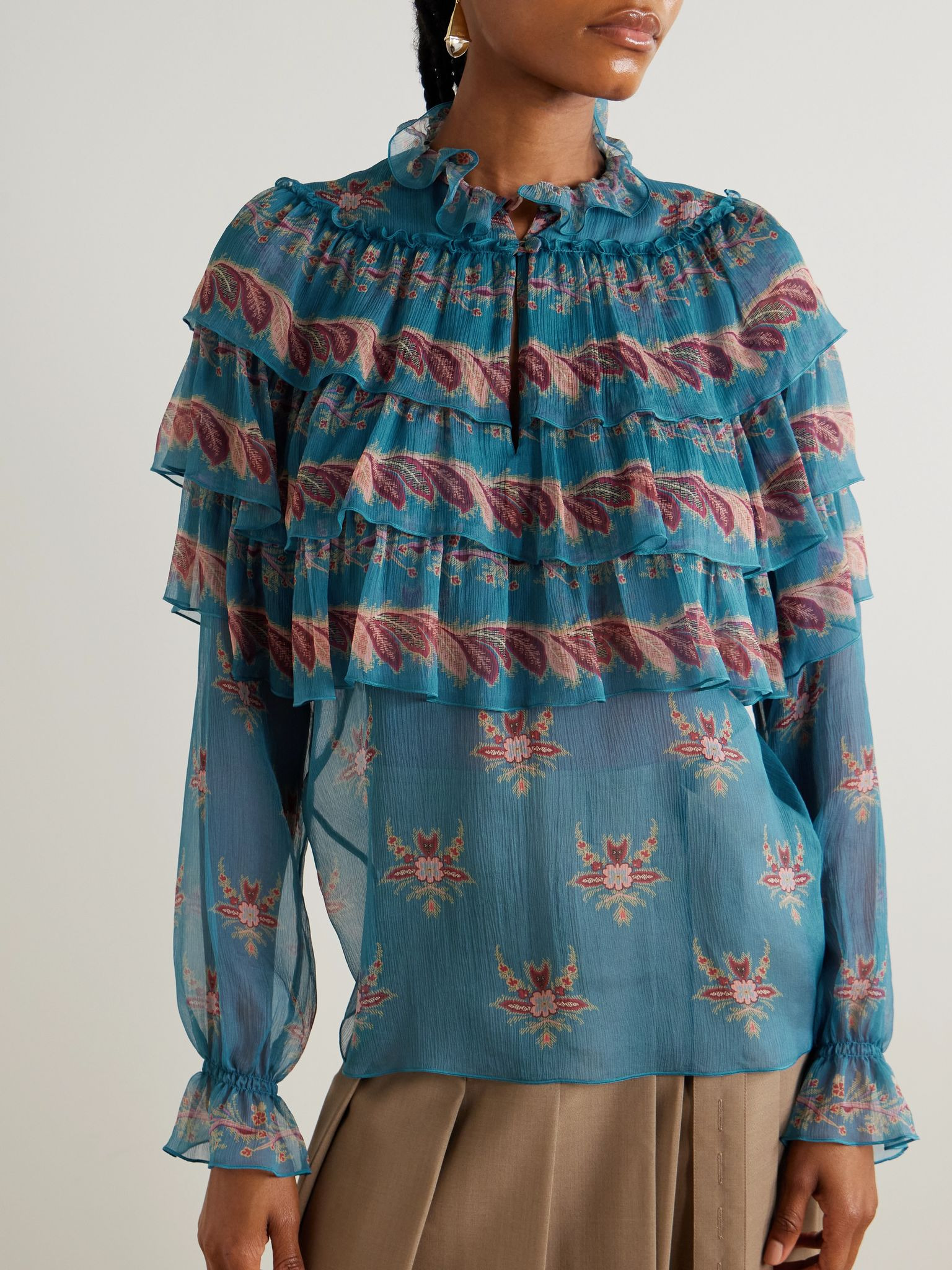 Ruffled tiered printed silk-chiffon blouse Blue - 3