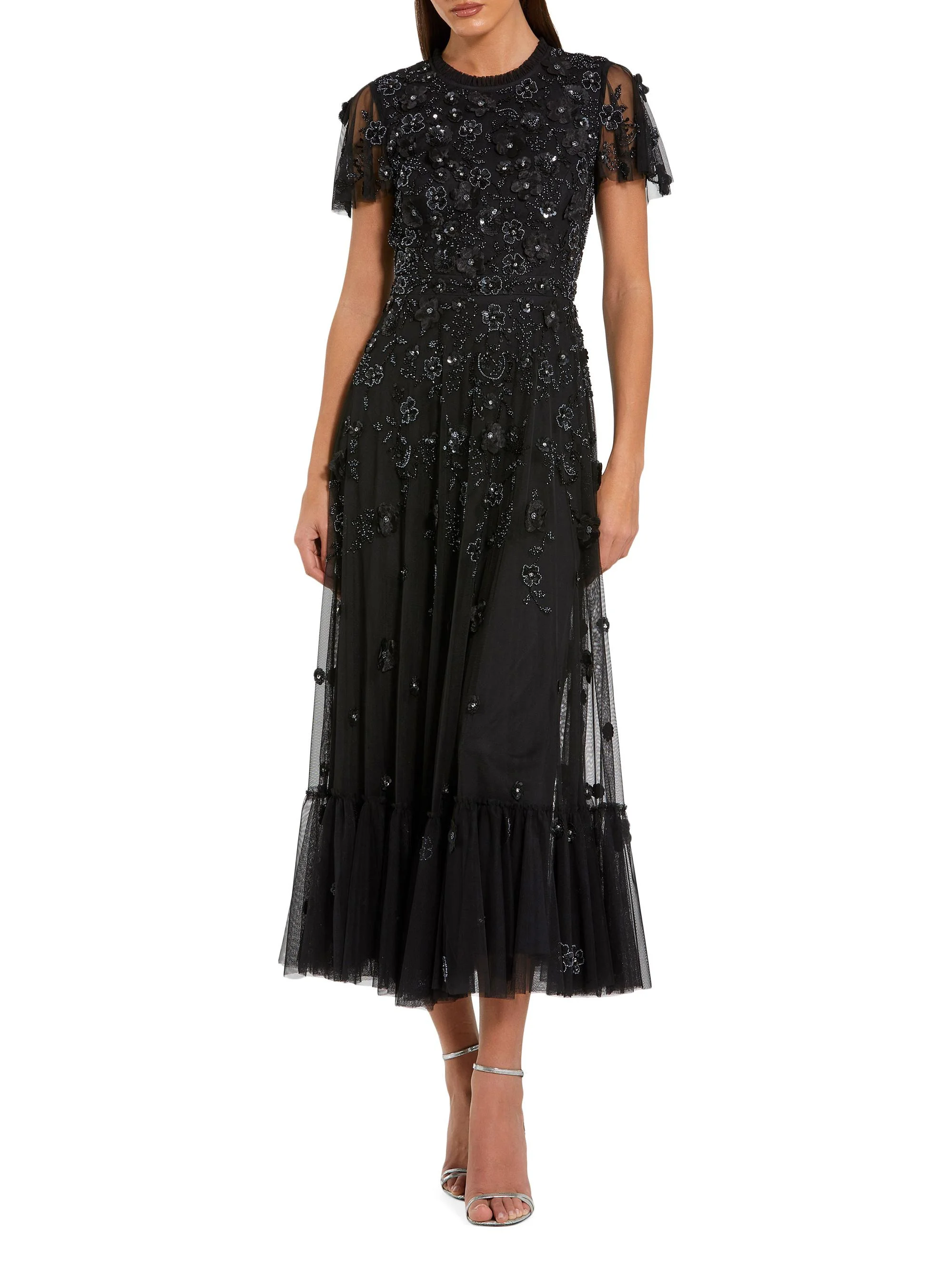 Women's Sequined Floral Tulle Midi-Dress - Black - 1