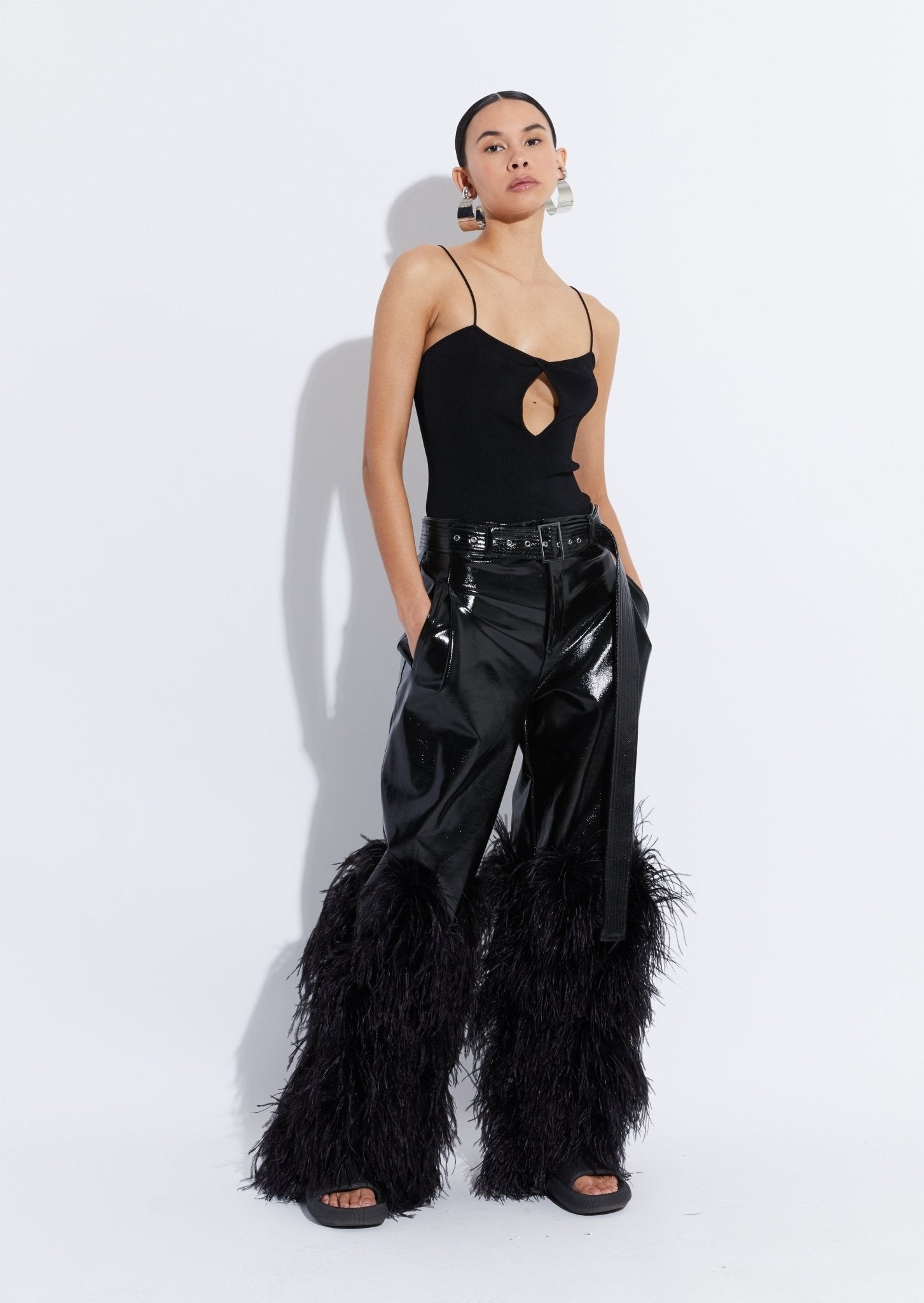 Patent Faux Leather Belted Trouser With Feathers - 1