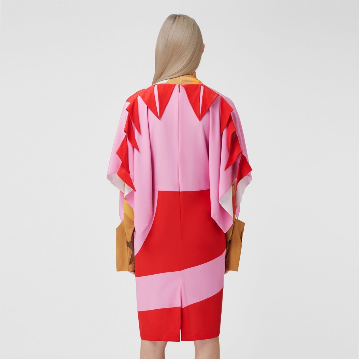 Cape Sleeve Geometric Print Silk Crepe de Chine Dress - 3