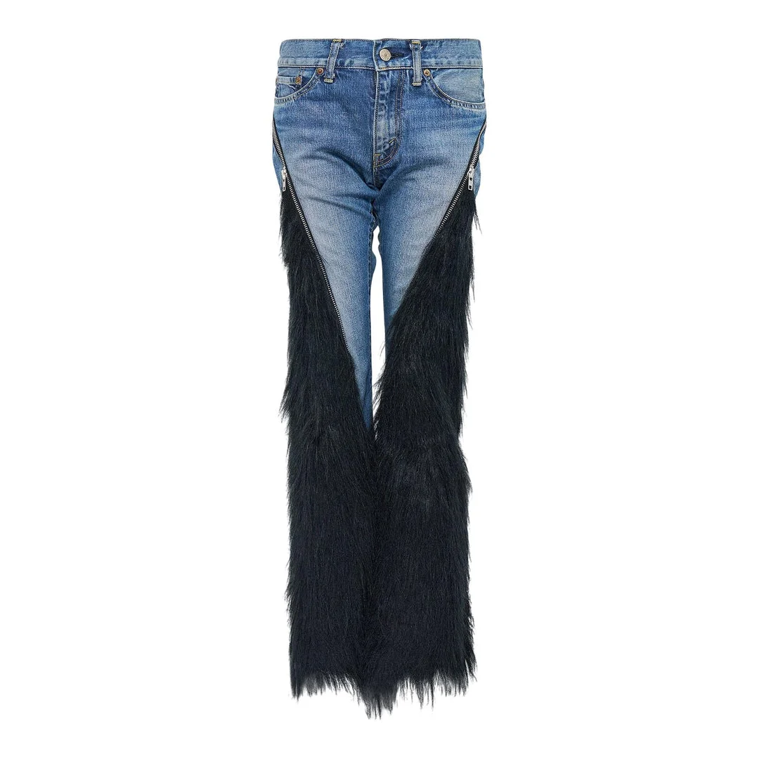 Cotton Denim Acrylic Faux Fur Jeans - 1