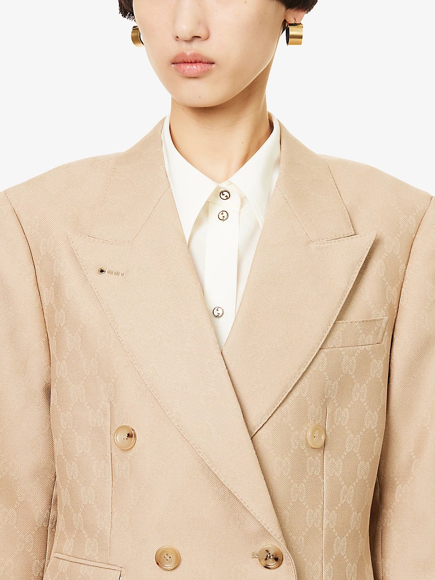 Monogram-pattern double-breasted wool jacket - 6