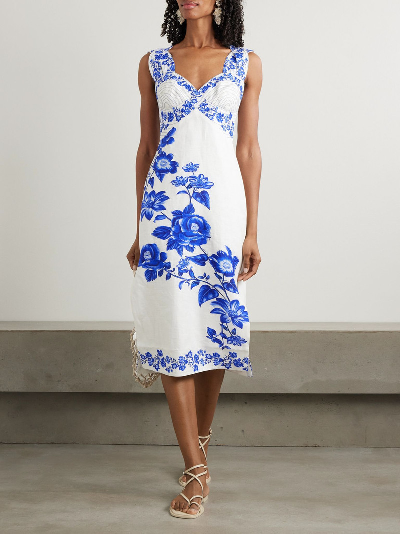 FARM RIO Cascade shirred printed linen midi dress Blue outlook