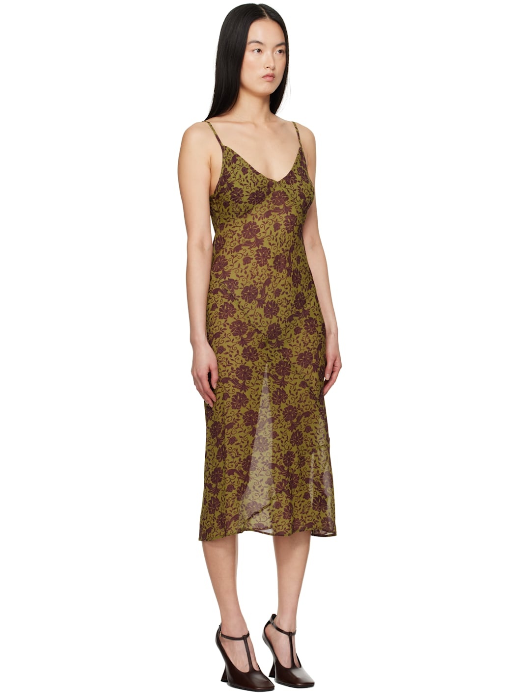 Khaki & Burgundy Printed Midi Dress - 2