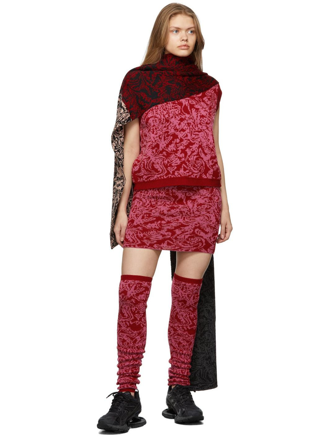 Red & Pink Jacquard Knitted Skirt - 4