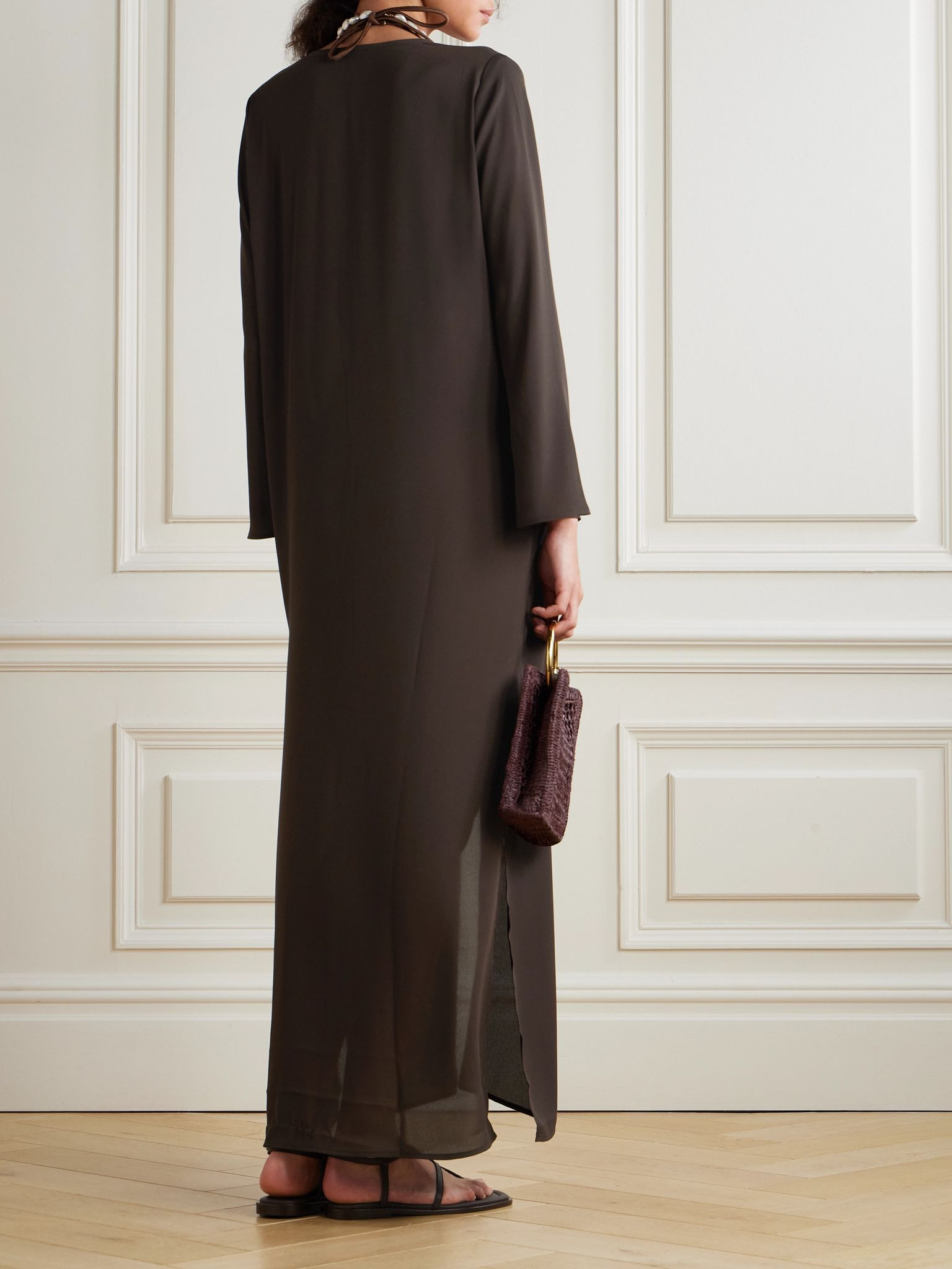 Pearl-embellished recycled silk-georgette coverup Brown - 3