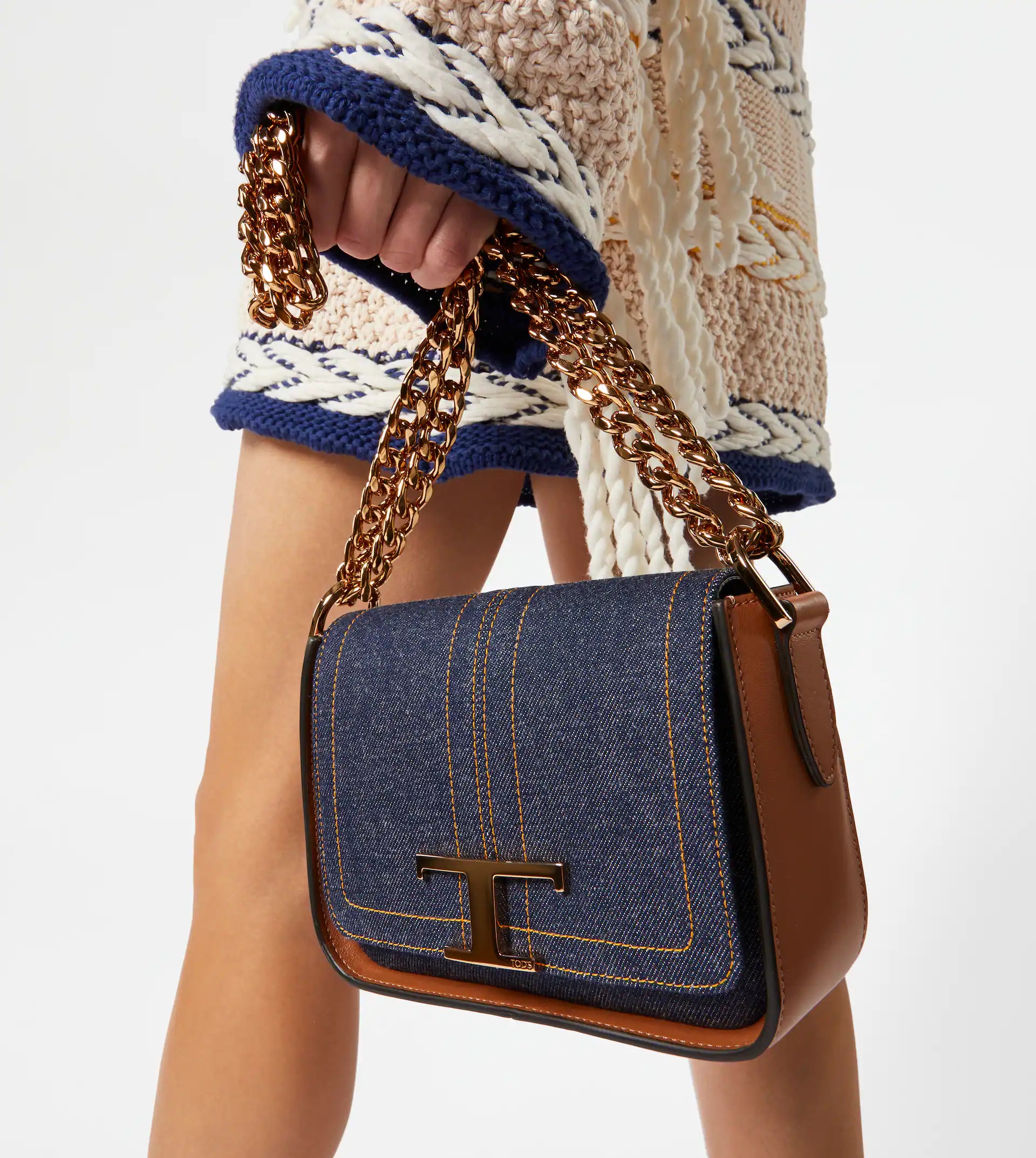 TIMELESS CROSSBODY BAG IN LEATHER AND DENIM - BROWN, BLUE - 2