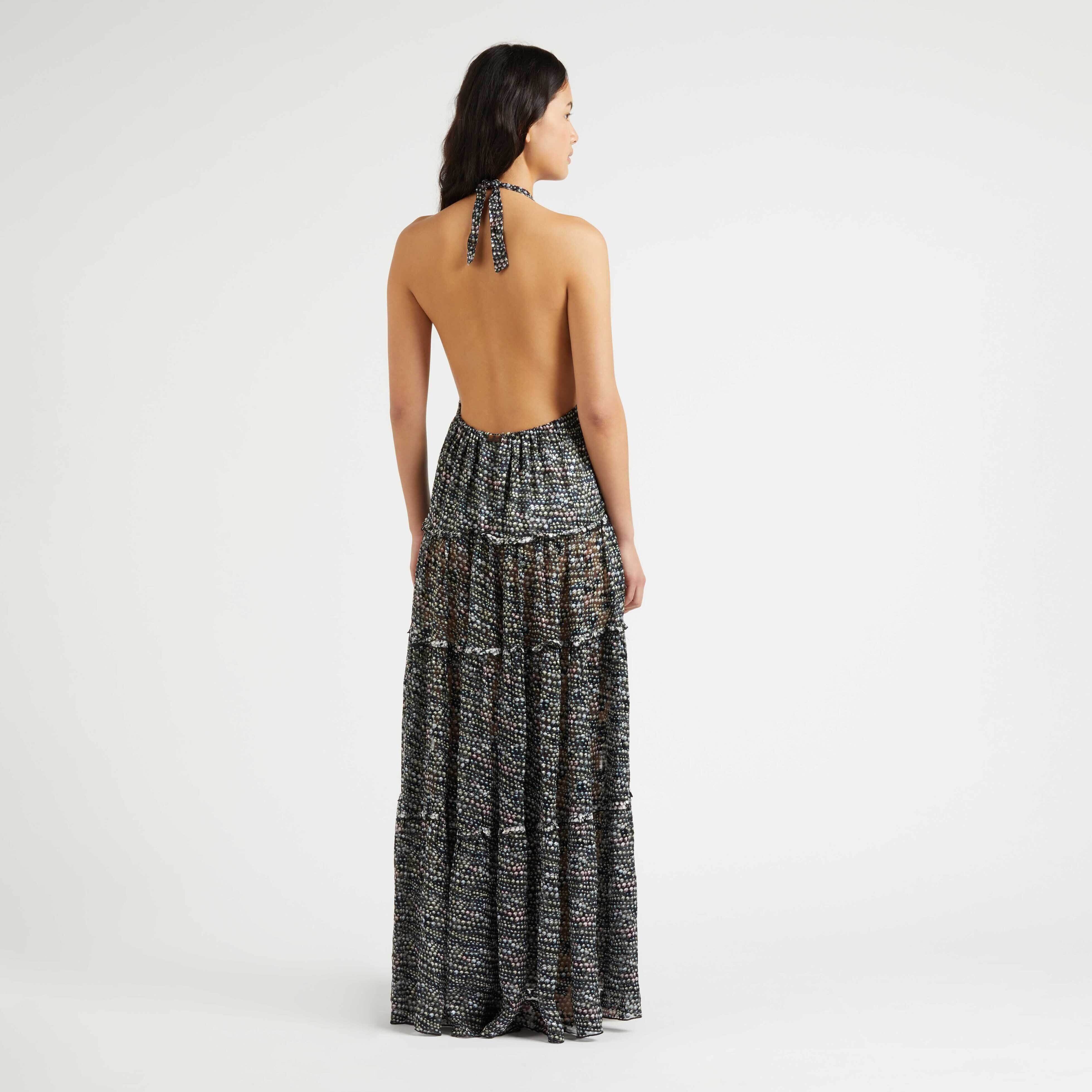Women Silk Long Backless Dress Pearl - 4