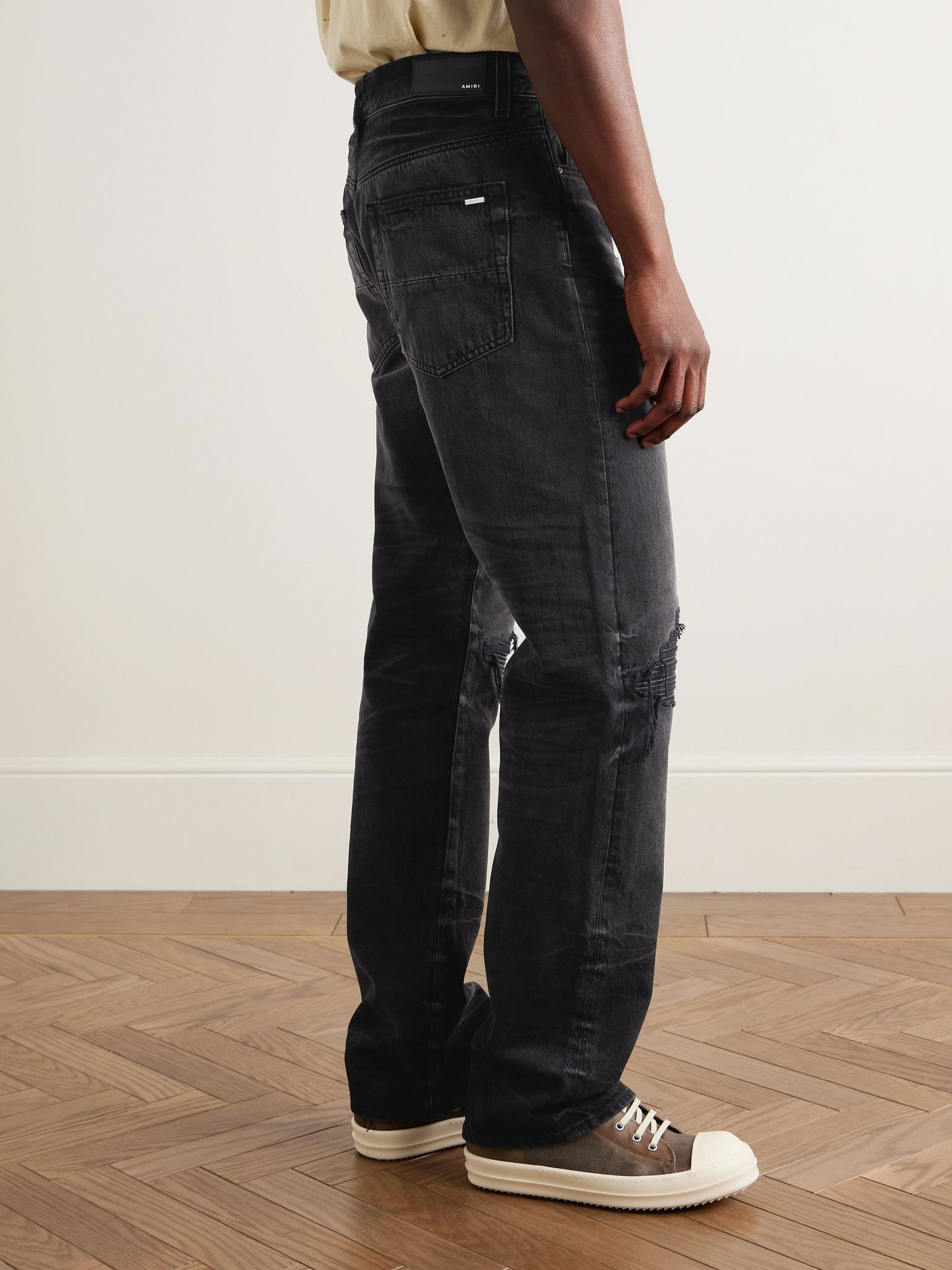MX1 Straight-Leg Leather-Panelled Distressed Jeans Black - 4