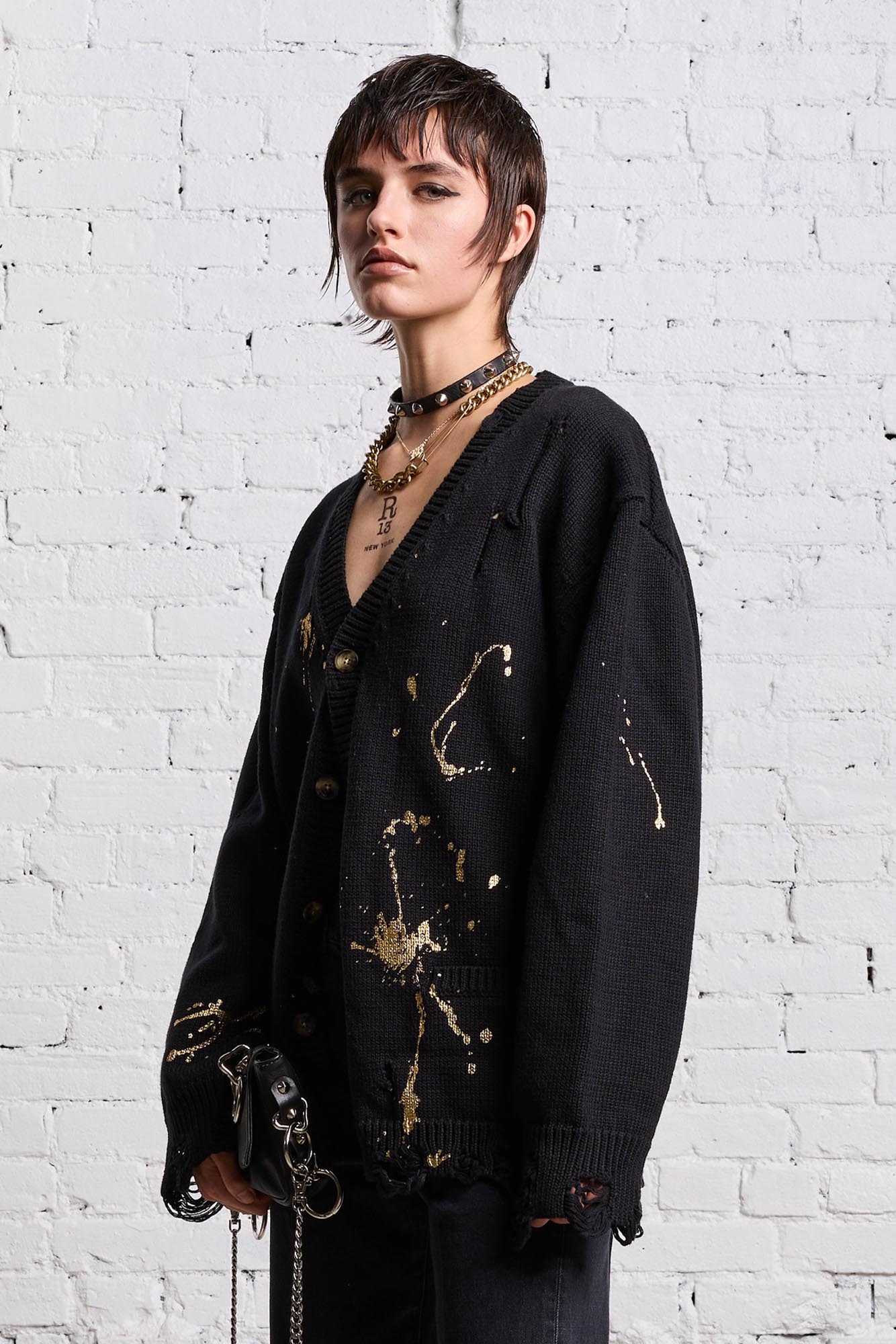 BOYFRIEND CARDIGAN - GOLD SPLATTERED BLACK - 2