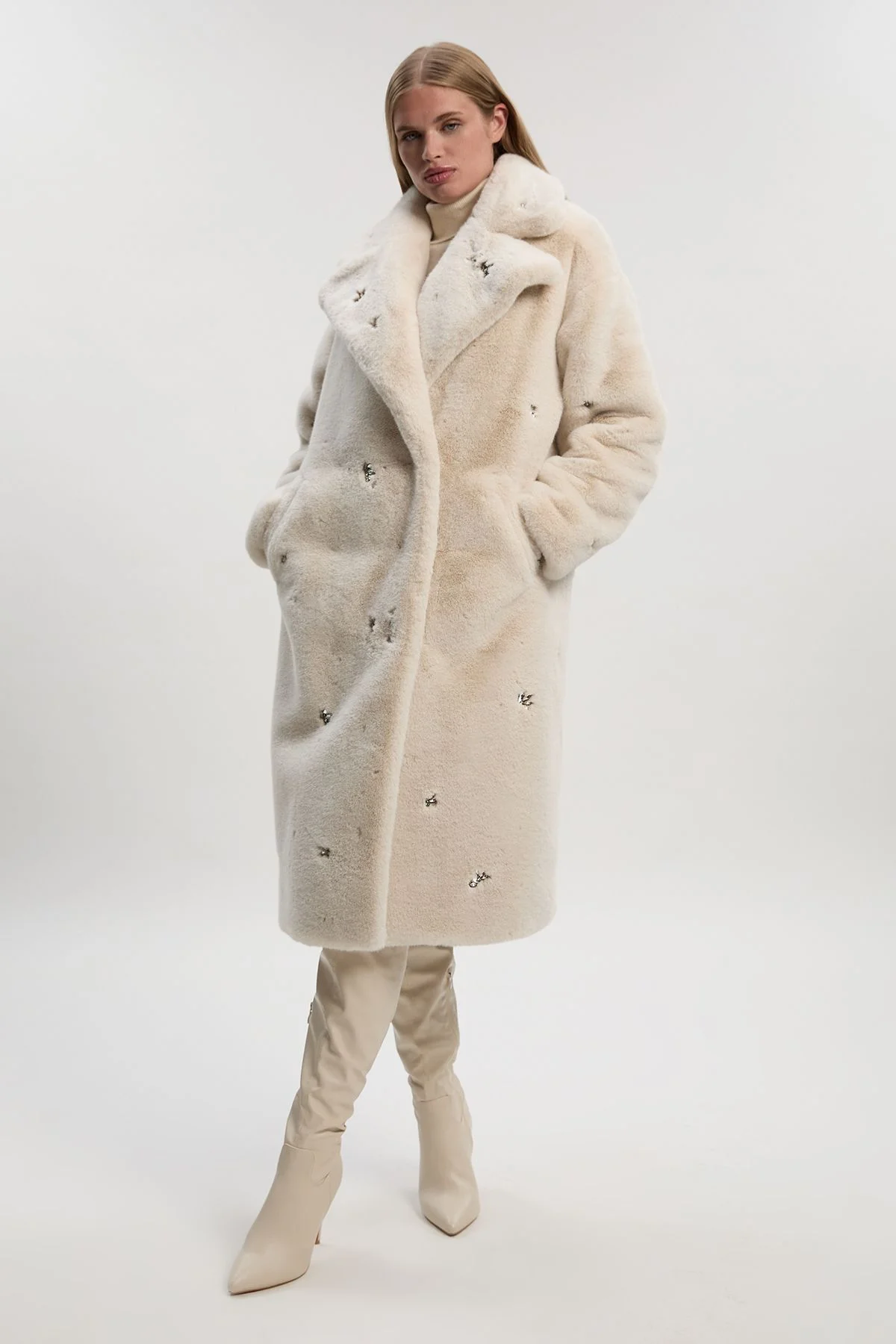 Crystal Embellished Faux Fur Long Coat - 1