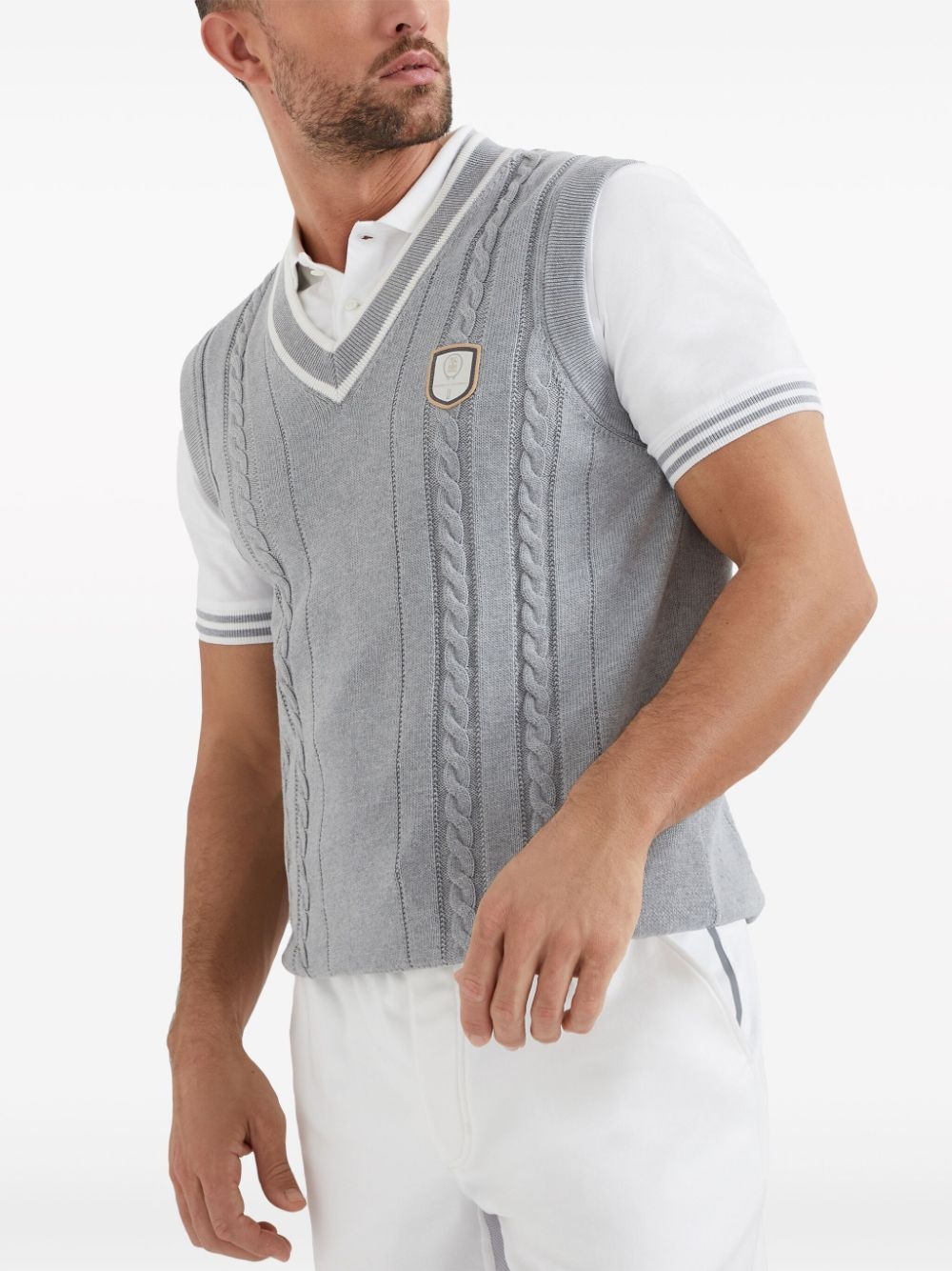logo-patch cable-knit vest - 3