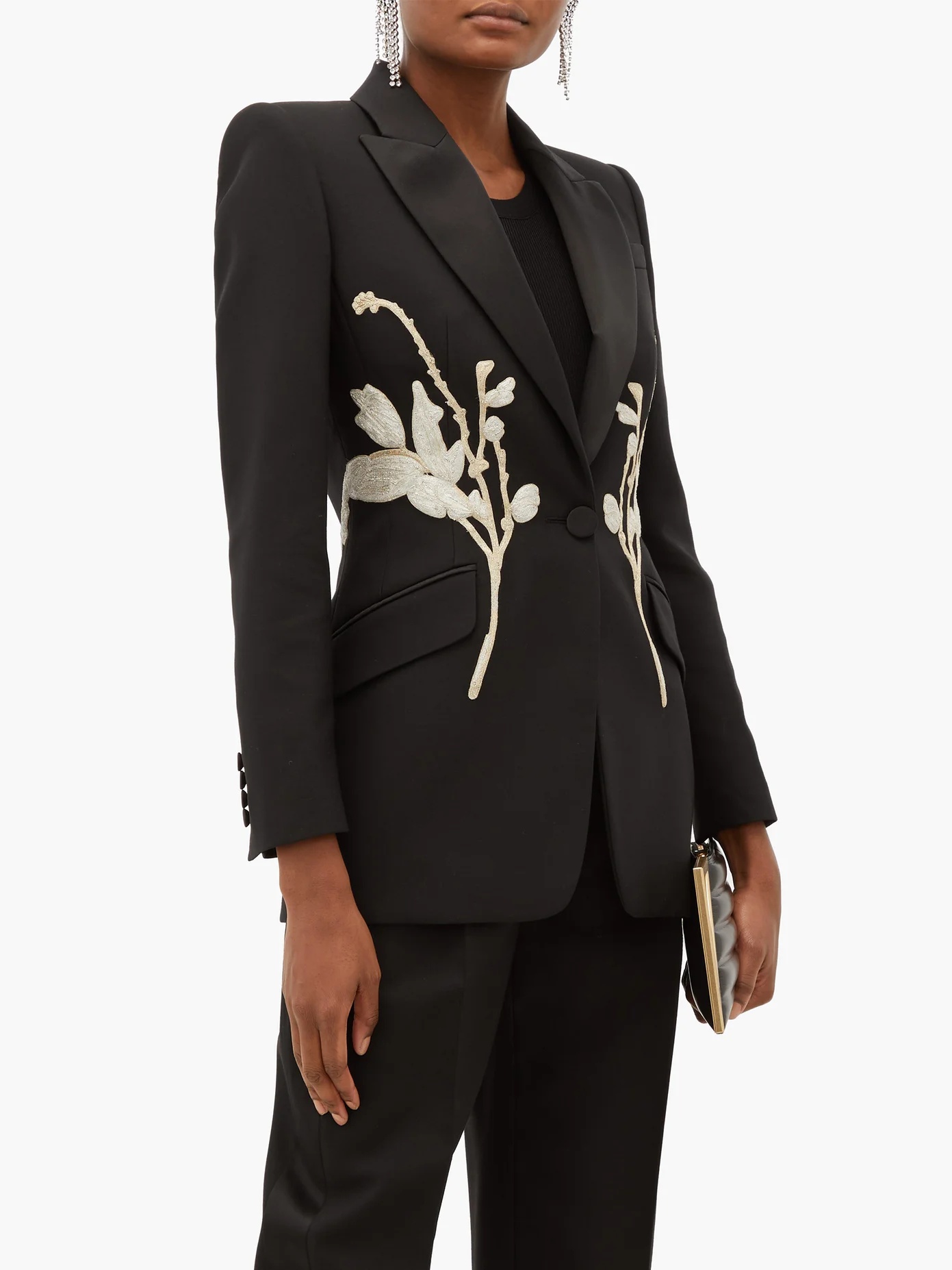 Floral-beaded satin-lapel wool-blend jacket - 6