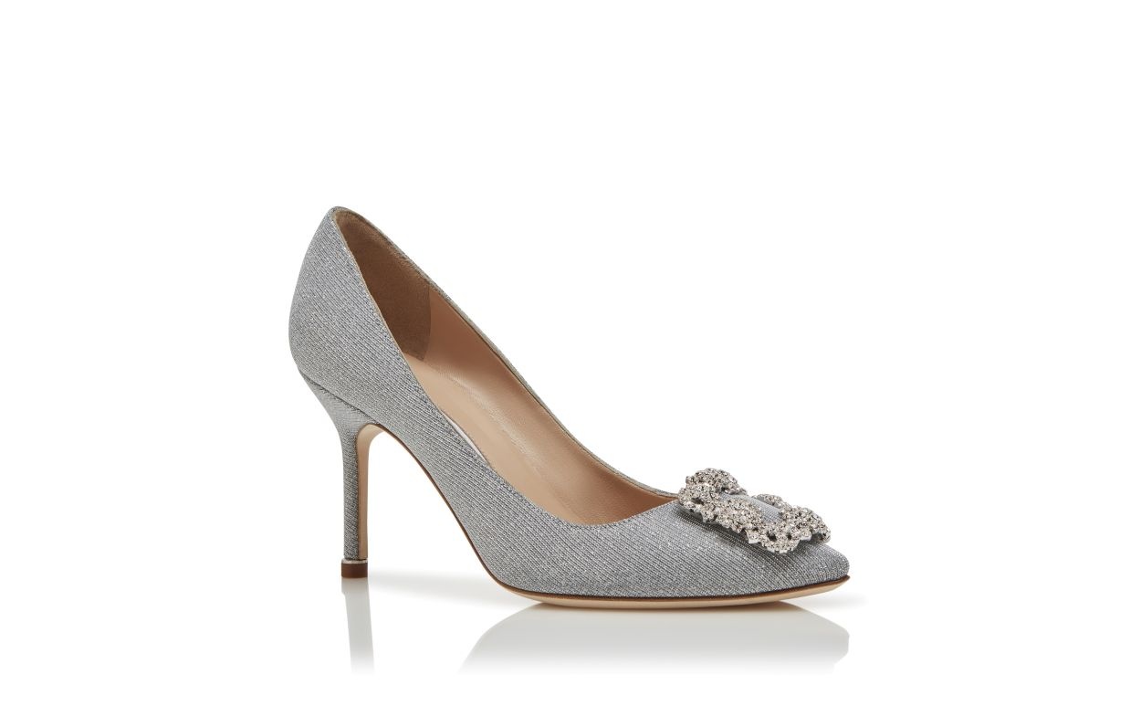 Silver Glitter Fabric Jewel Buckle Pumps - 3